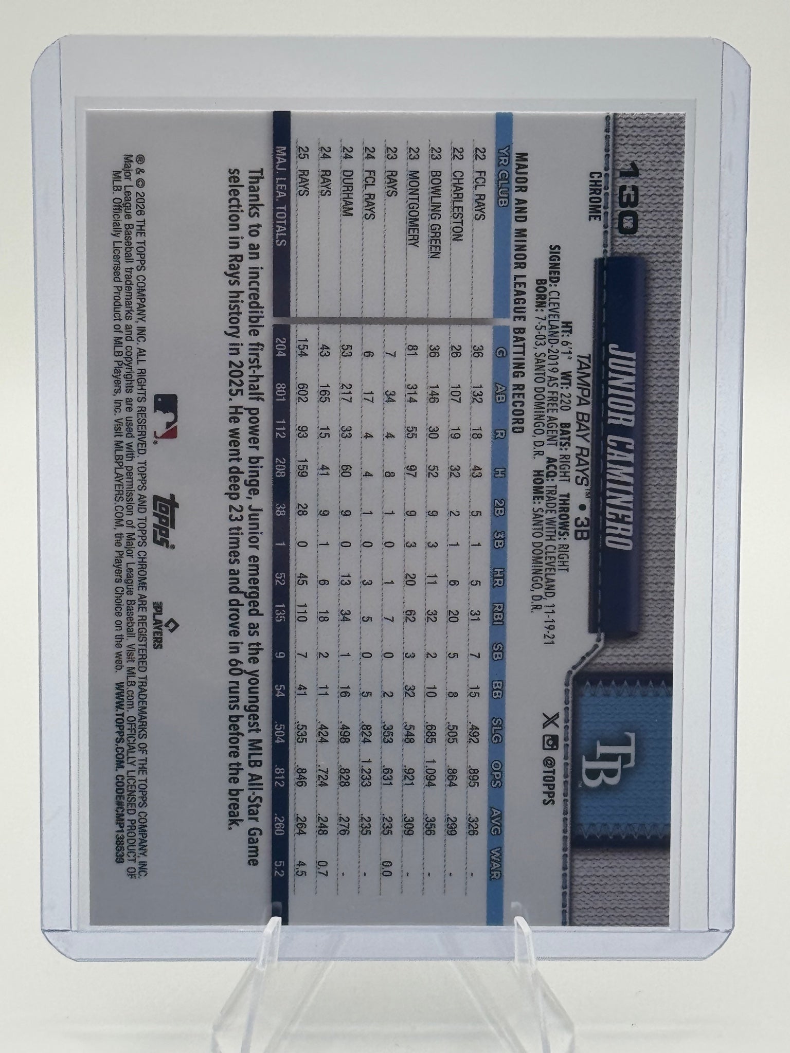 2026 Topps Chrome Junior Caminero #130 X-Fractors Tampa Bay Rays Near Mint