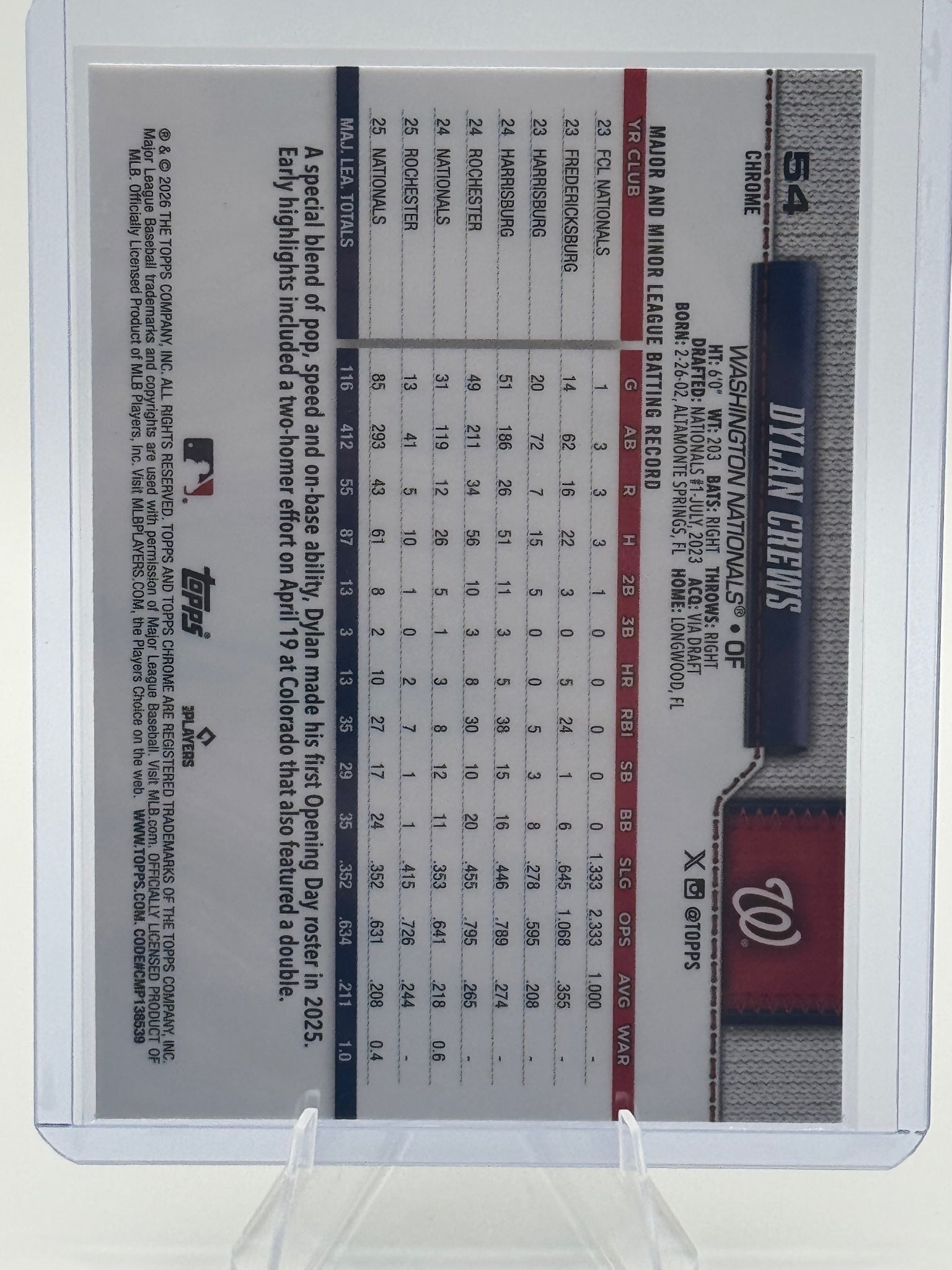 2026 Topps Chrome Dylan Crews #54 Washington Nationals Near Mint or Better