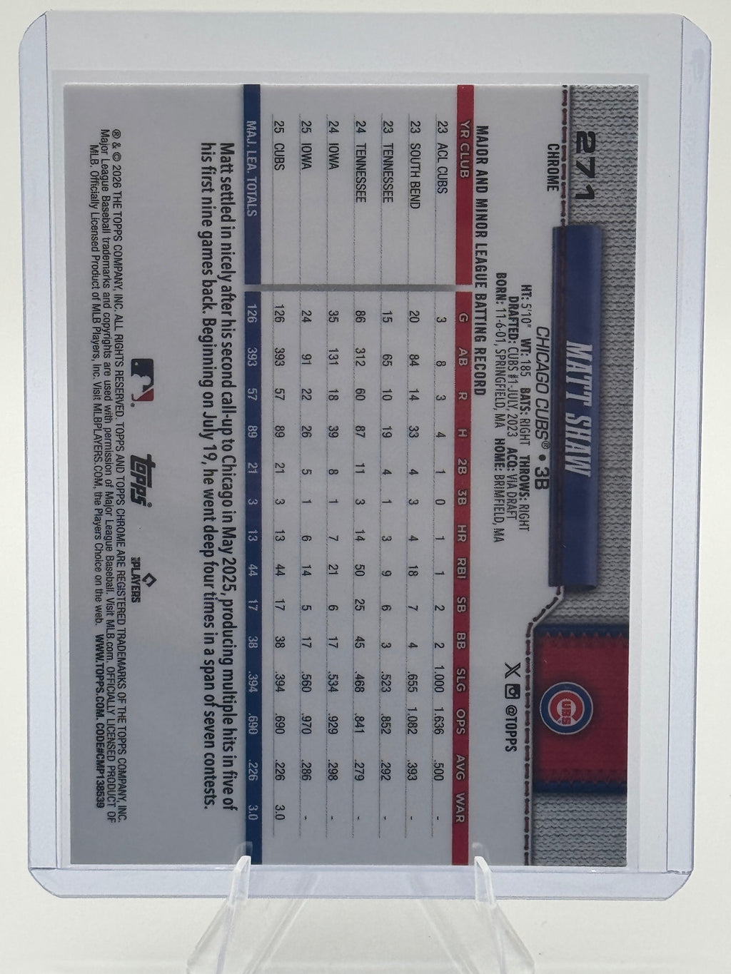 2026 Topps Chrome Matt Shaw #271 Chicago Cubs Near Mint or Better