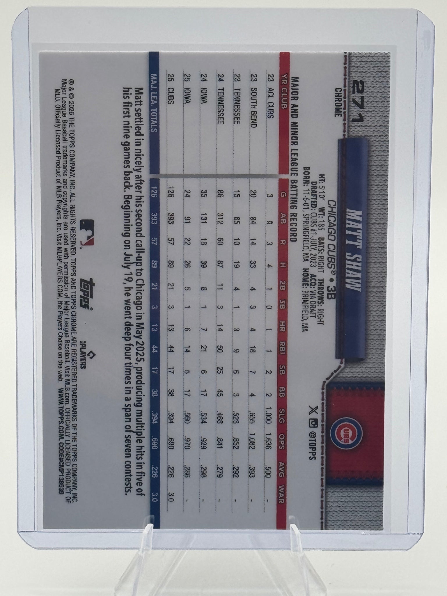 2026 Topps Chrome Matt Shaw #271 Chicago Cubs Near Mint or Better