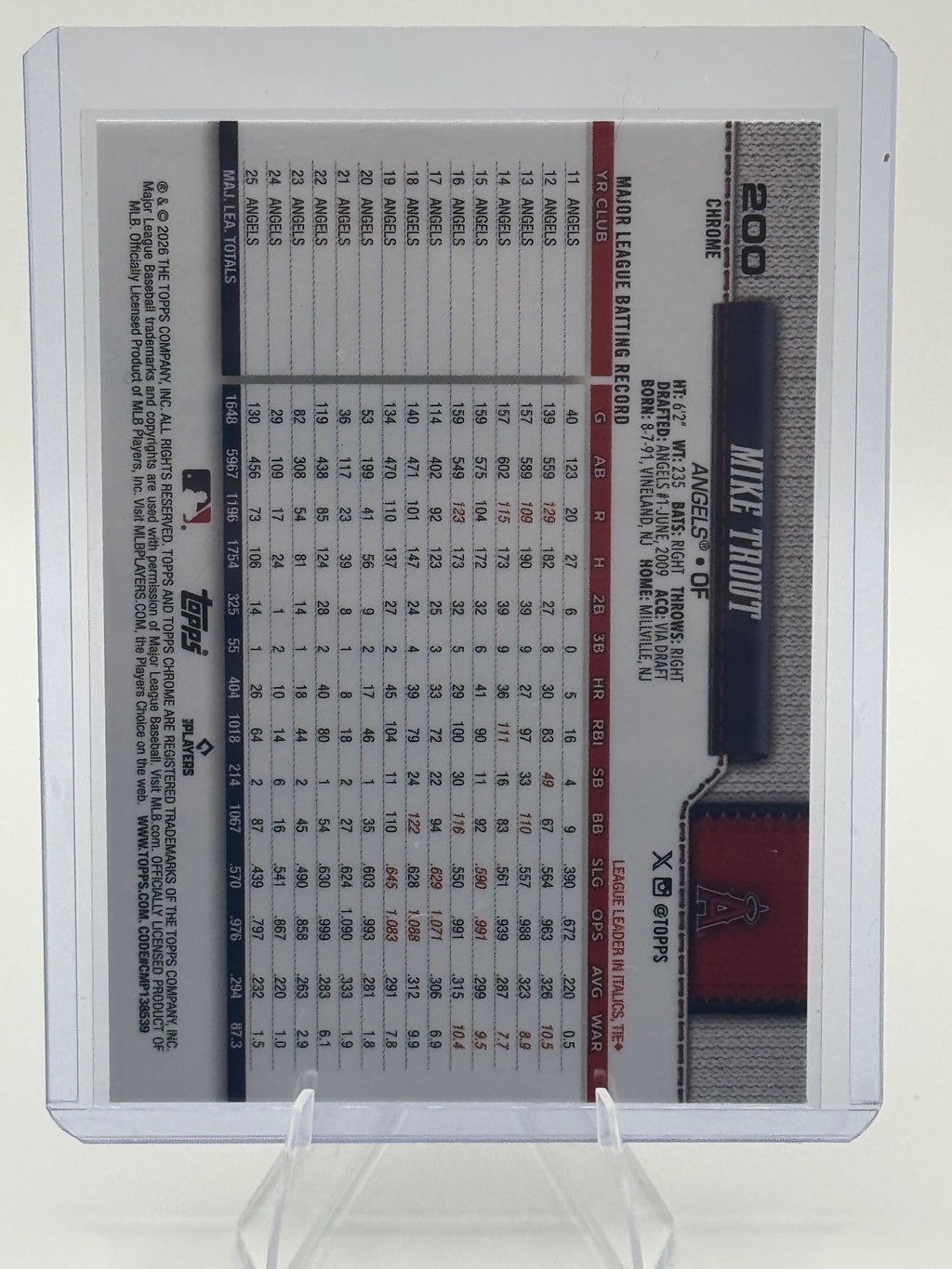 2026 Topps Chrome Mike Trout #200 Los Angeles Angels Near Mint or Better