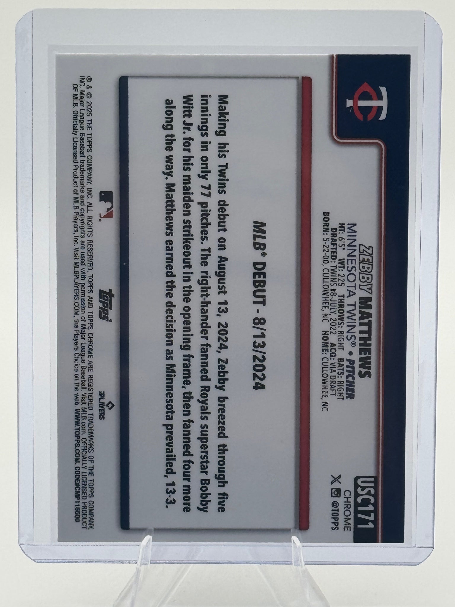 2025 Topps Chrome Update Zebby Matthews #USC171 Minnesota Twins Near Mint
