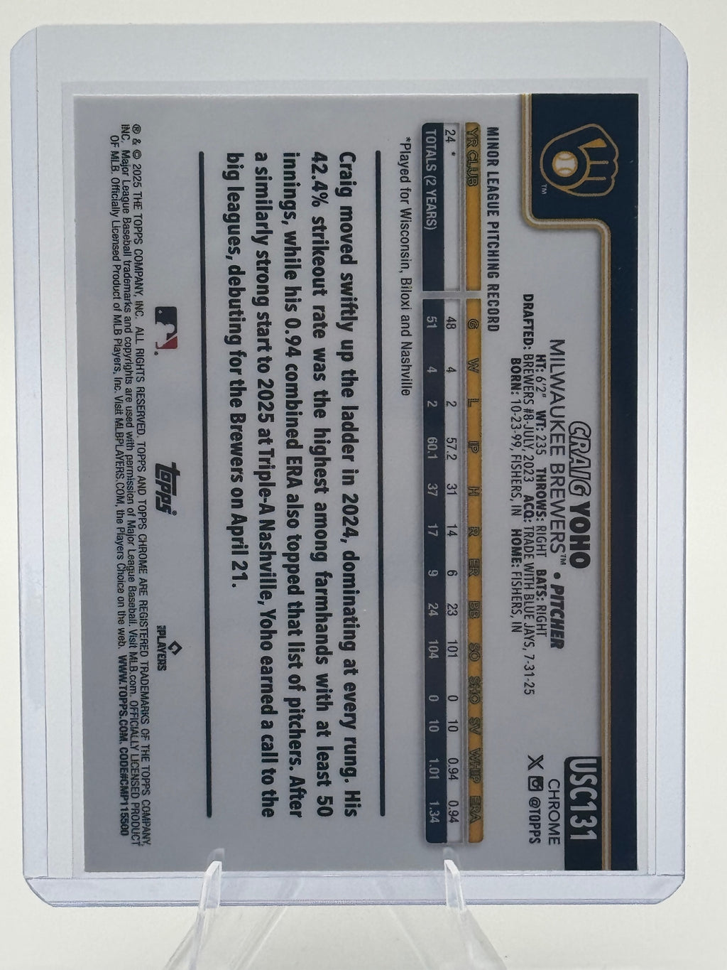 2025 Topps Chrome Update Craig Yoho #USC131 Brewers NM