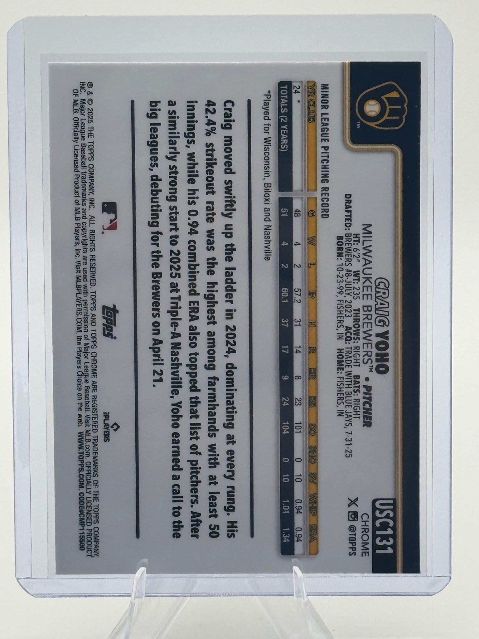 2025 Topps Chrome Update Craig Yoho #USC131 Brewers NM