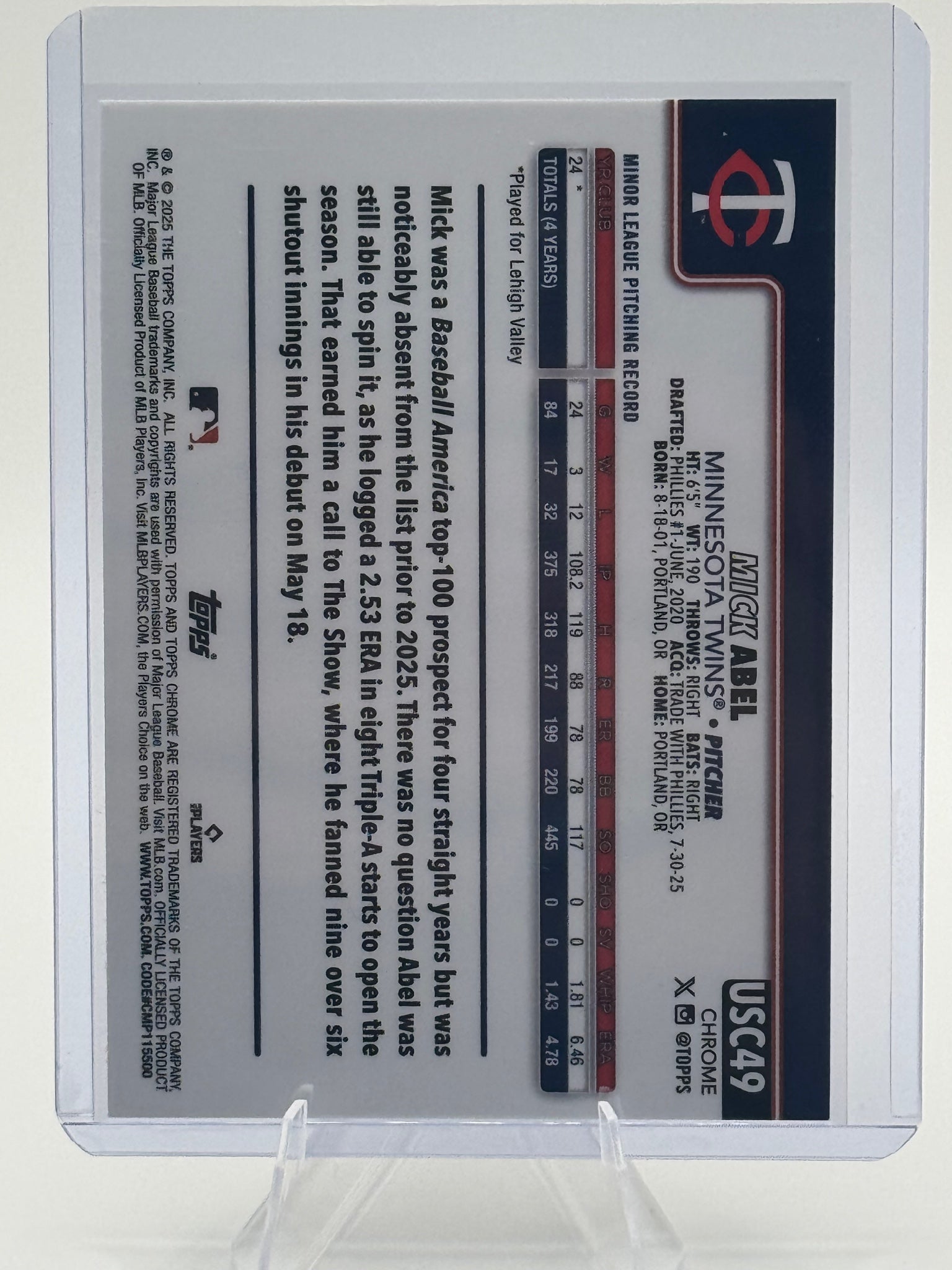 2025 Topps Chrome Update Mick Abel #USC49 Minnesota Twins Near Mint or Better