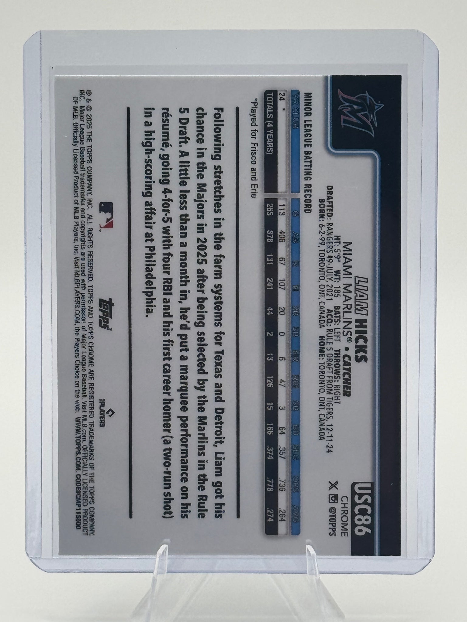 2025 Topps Chrome Update Liam Hicks #USC86 Miami Marlins Near Mint or Better