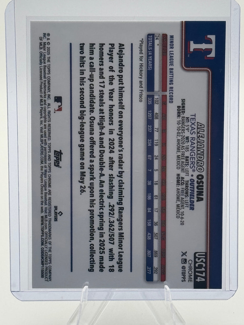 2025 Topps Chrome Update Alejandro Osuna #USC174 Texas Rangers NM