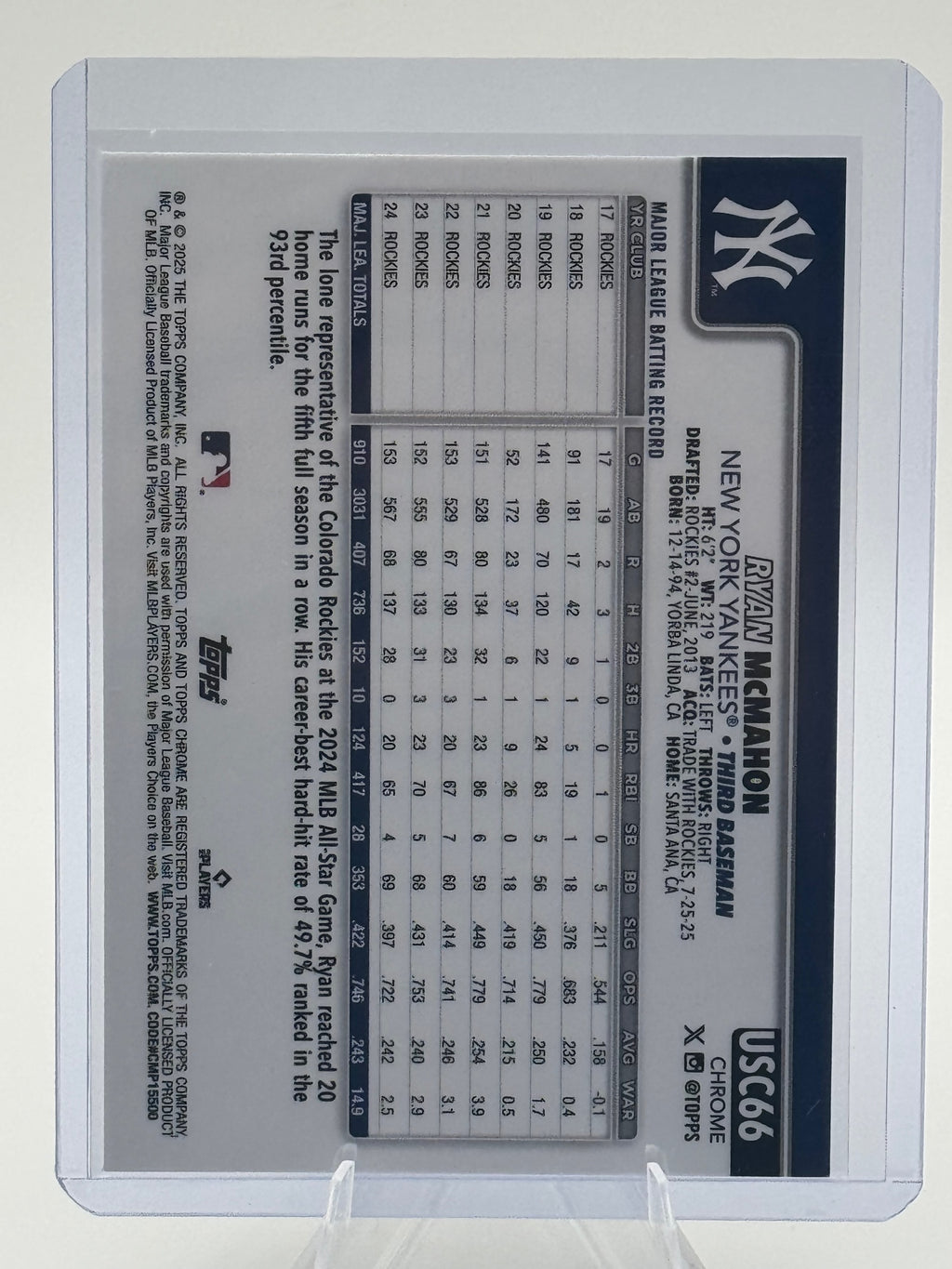 2025 Topps Chrome Update Ryan McMahon #USC66 Sepia Refractors Yankees NM