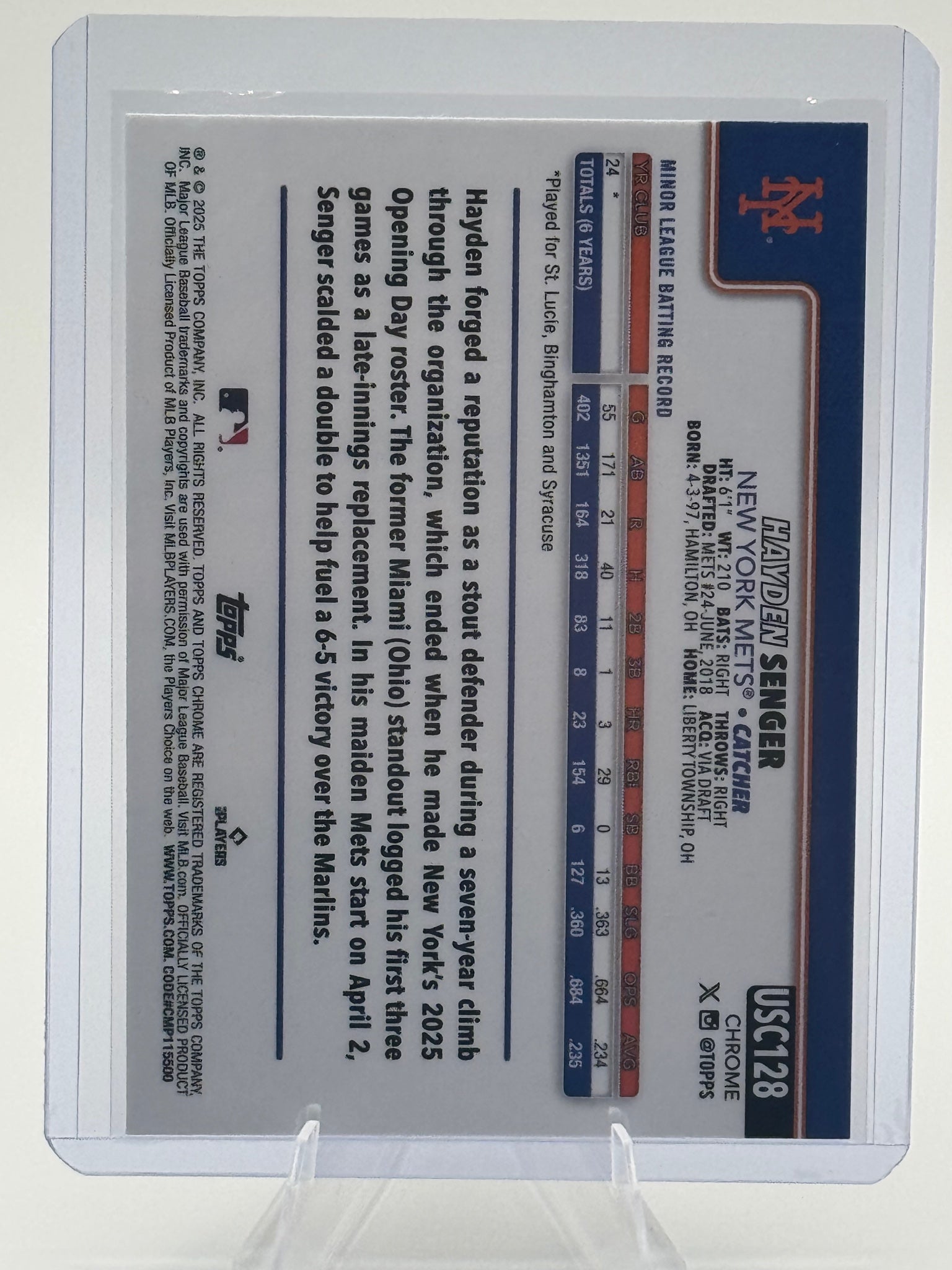 2025 Topps Chrome Update Hayden Senger #USC128 New York Mets Near Mint or Better