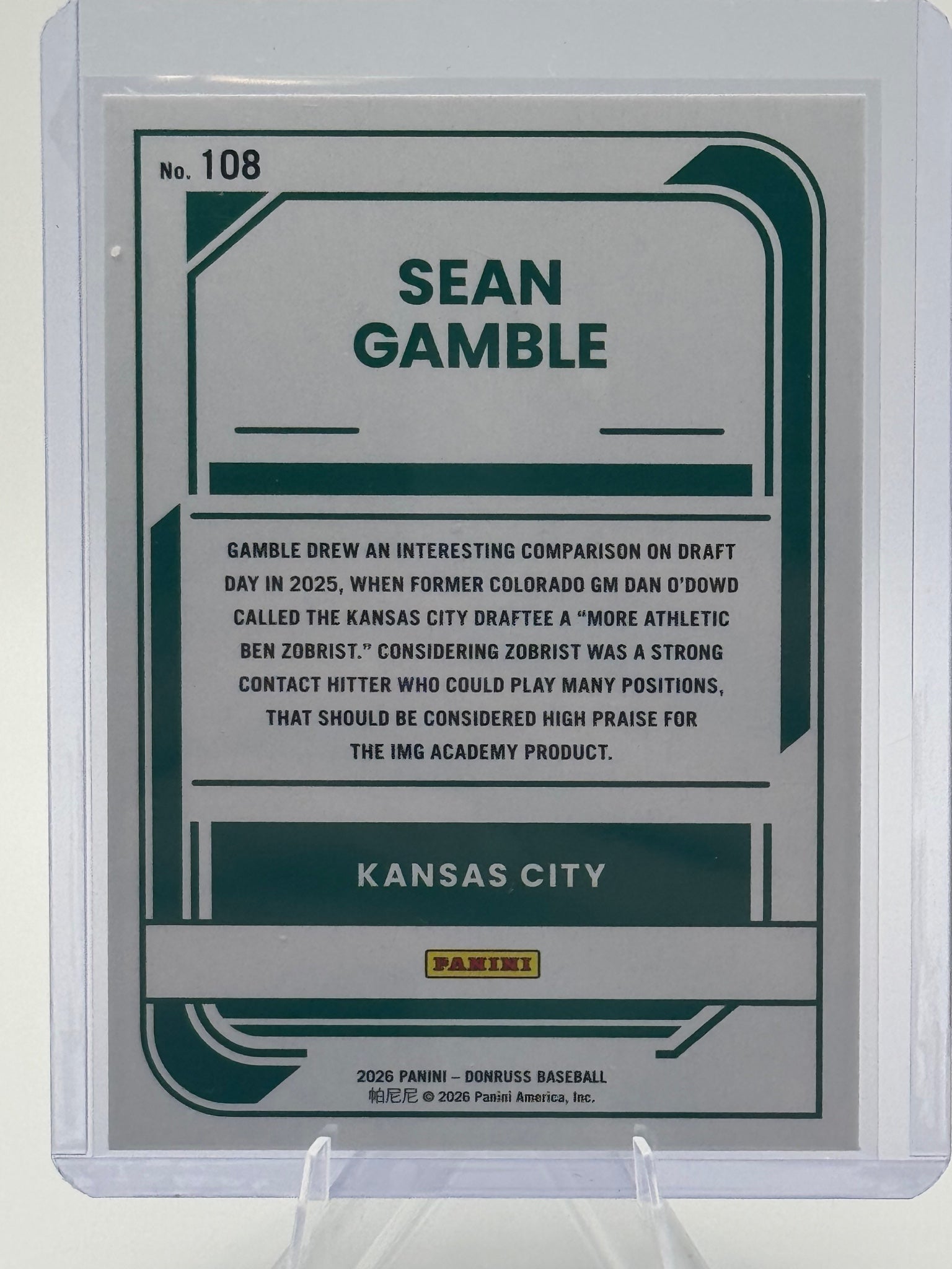 2026 Donruss Sean Gamble #108 Red and Blue Kansas City Royals Near Mint