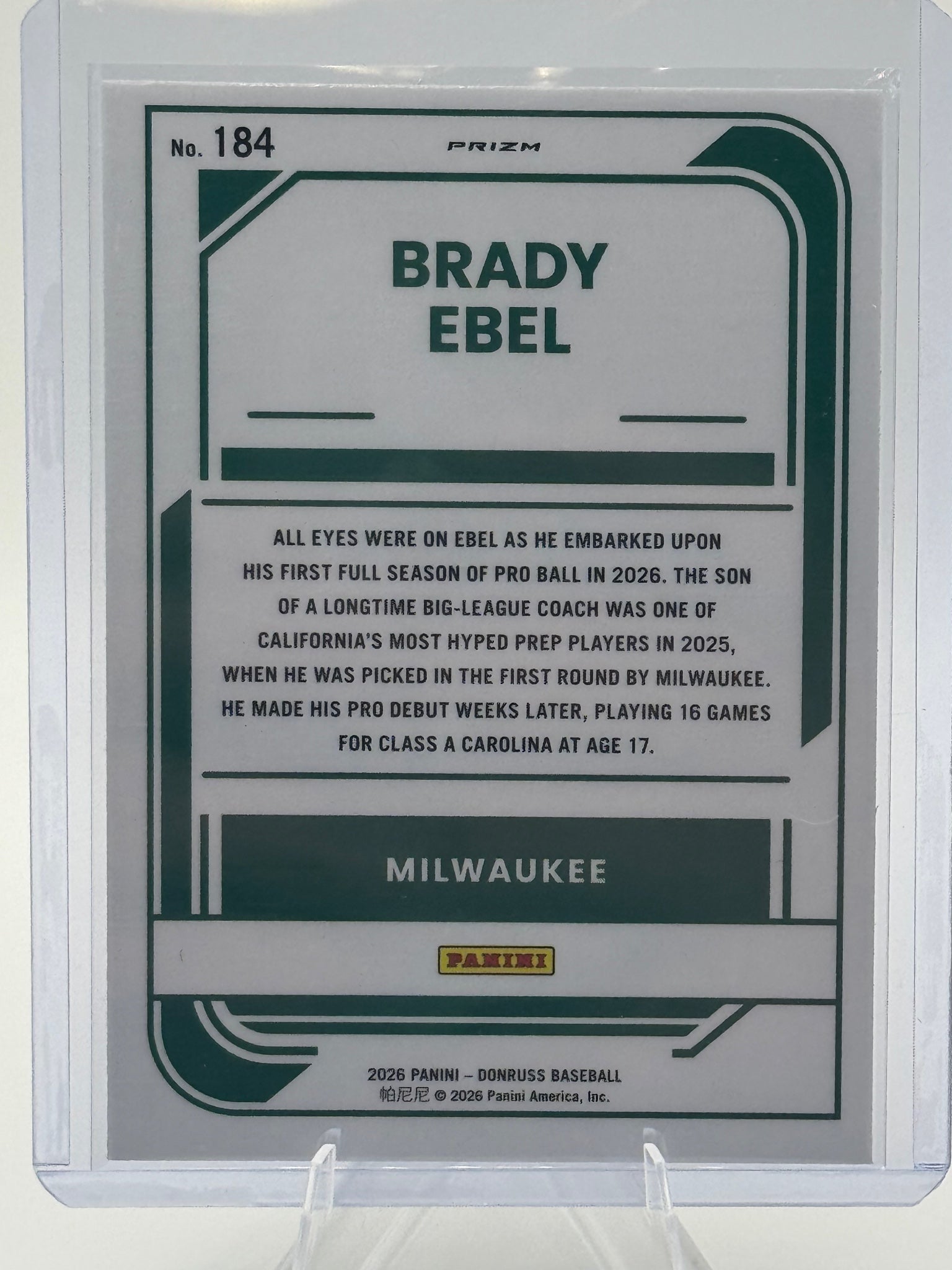 2026 Donruss Brady Ebel #184 Optic Black Pandora Milwaukee Brewers Near Mint