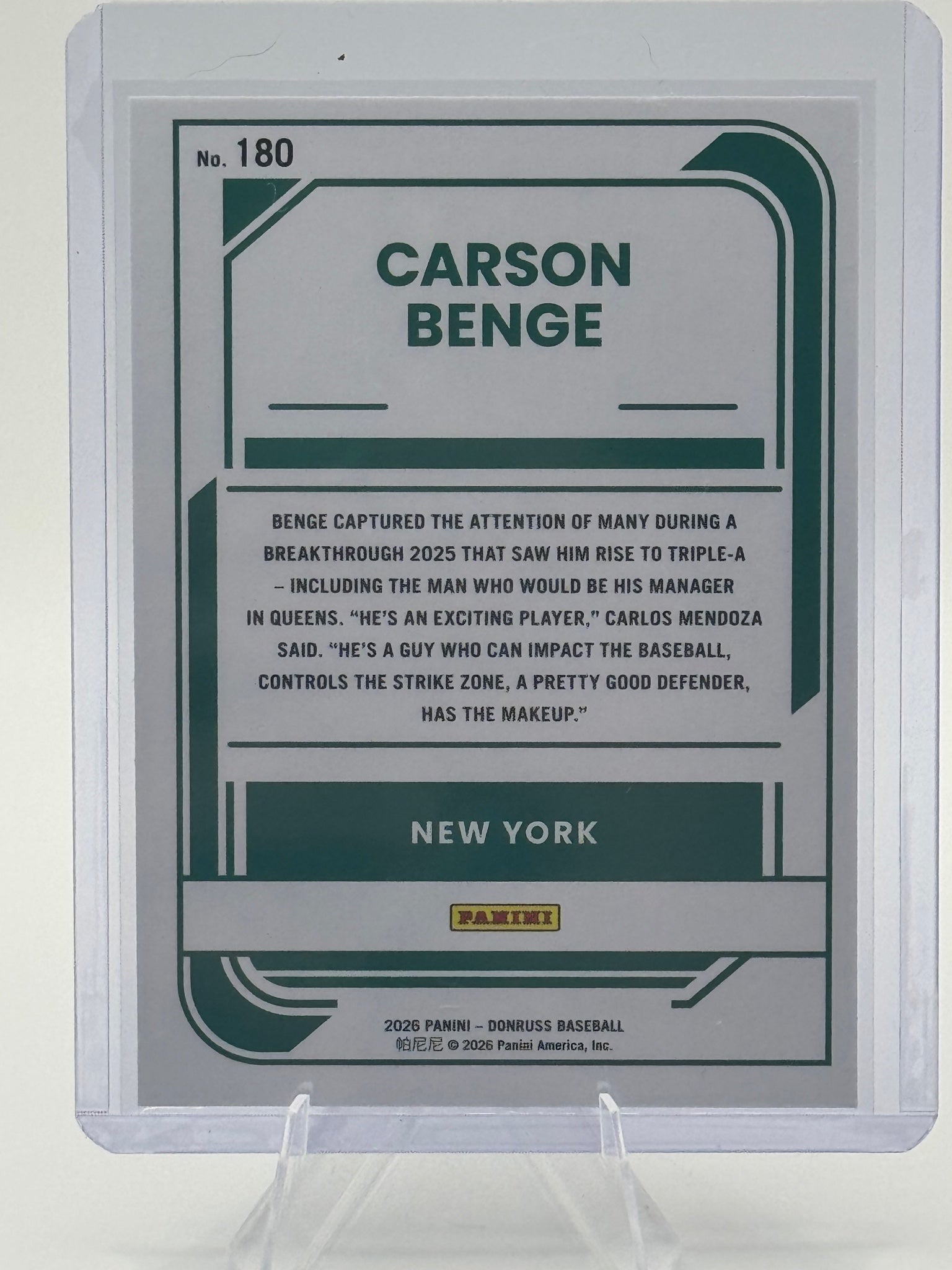 2026 Donruss Carson Benge #180 New York Mets Near Mint or Better