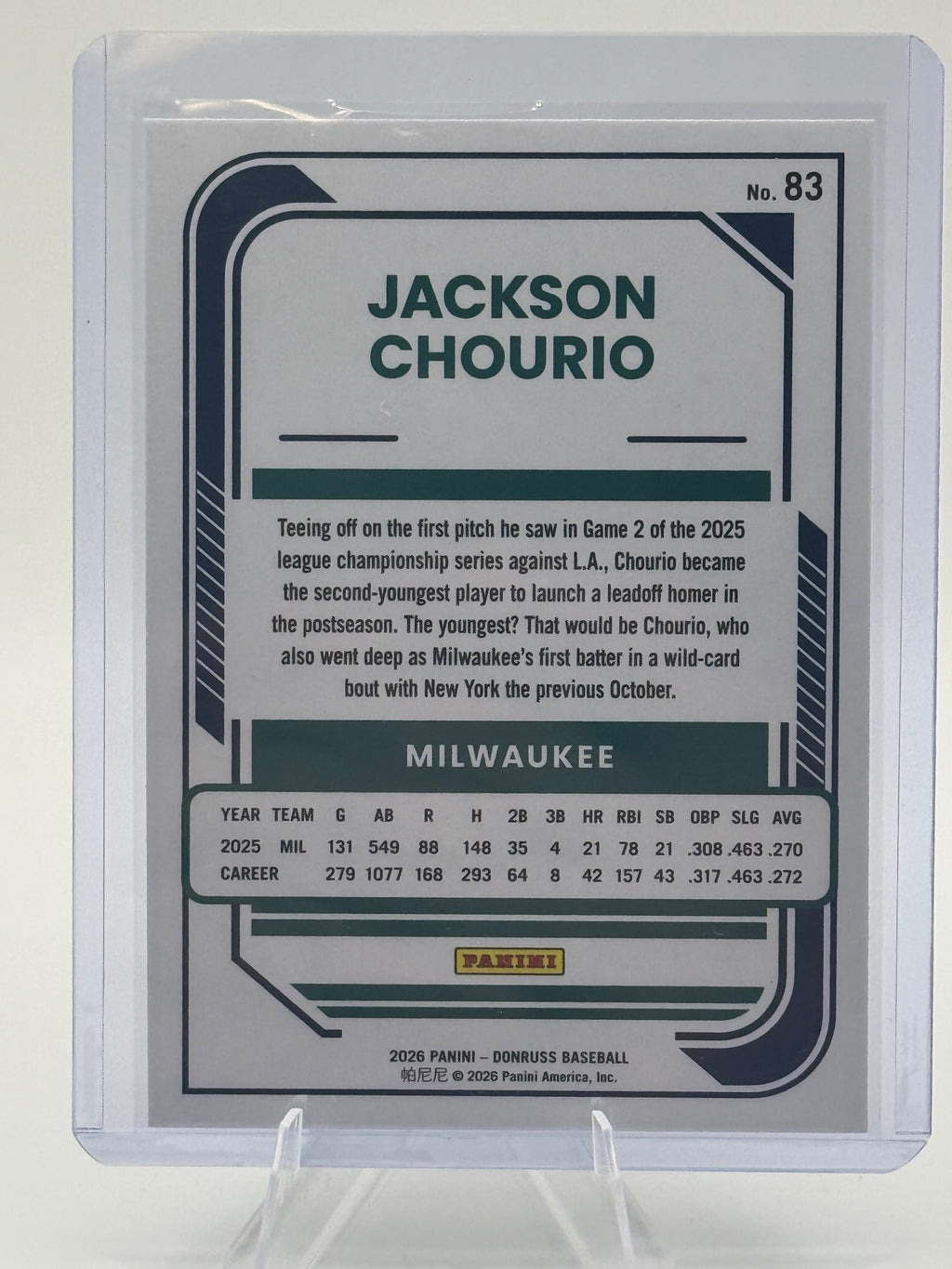 2026 Donruss Jackson Chourio #83 Red and Blue Milwaukee Brewers Near Mint