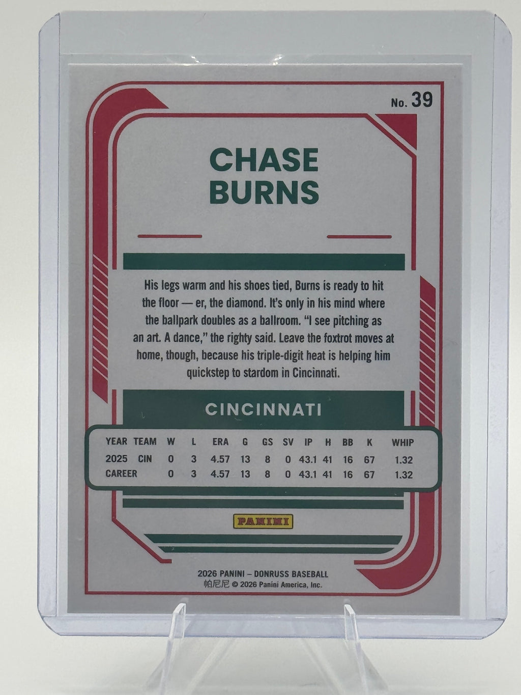 2026 Donruss Chase Burns #39 Red and Blue Cincinnati Reds Near Mint or Better