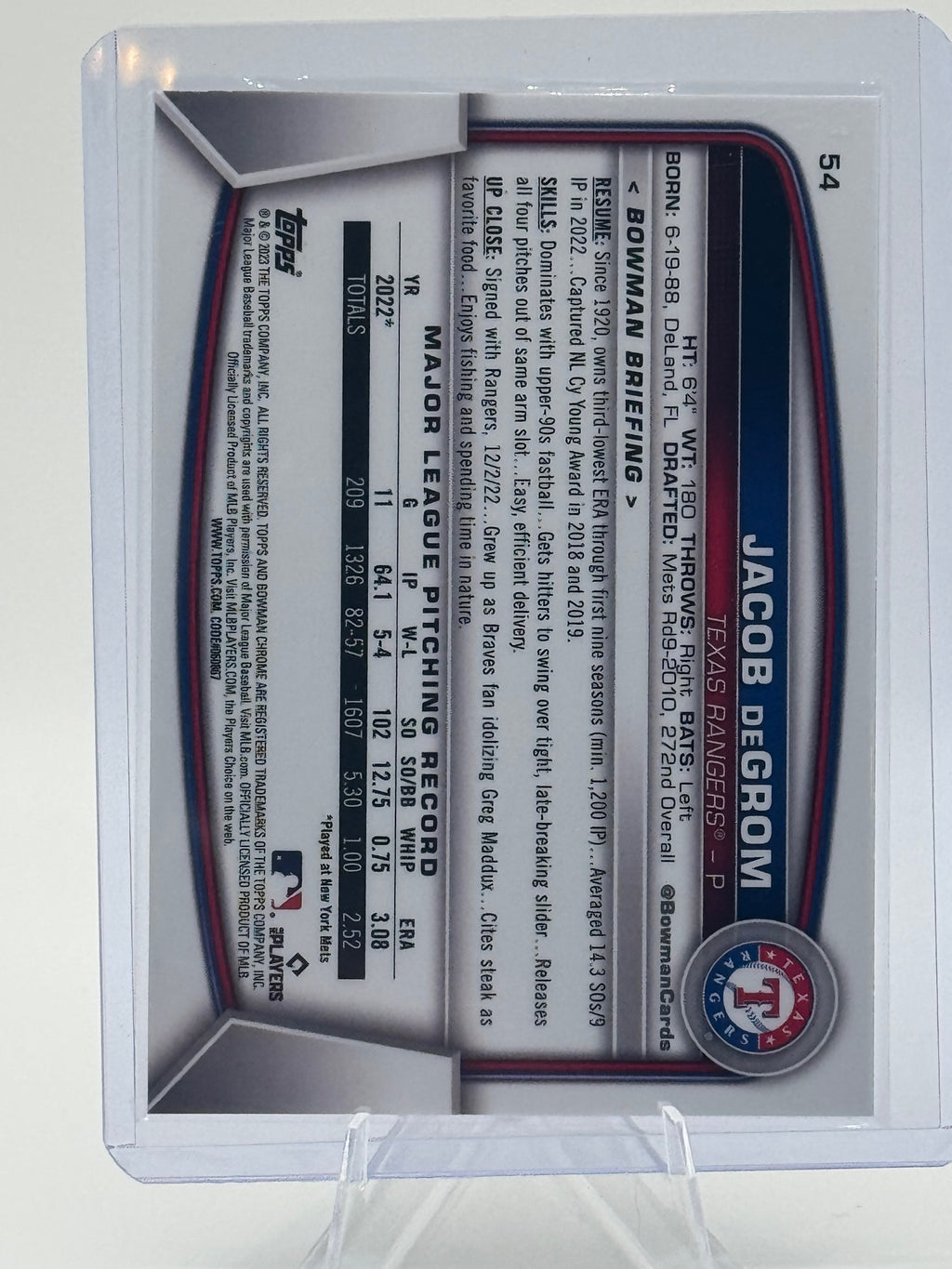 2023 Bowman Jacob deGrom #54 Mojo Pink Refractors /199 Texas Rangers NM