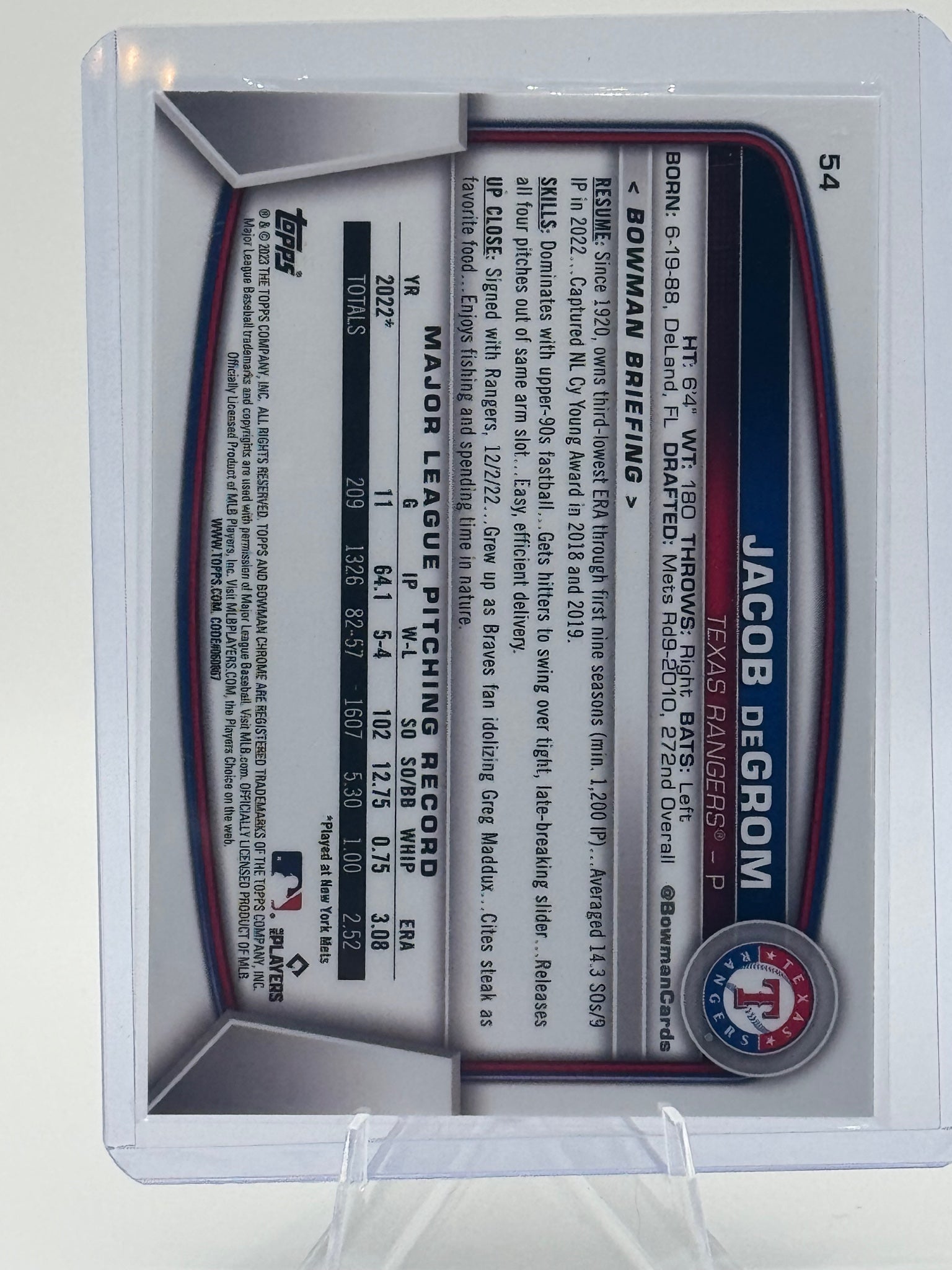 2023 Bowman Jacob deGrom #54 Mojo Pink Refractors /199 Texas Rangers NM