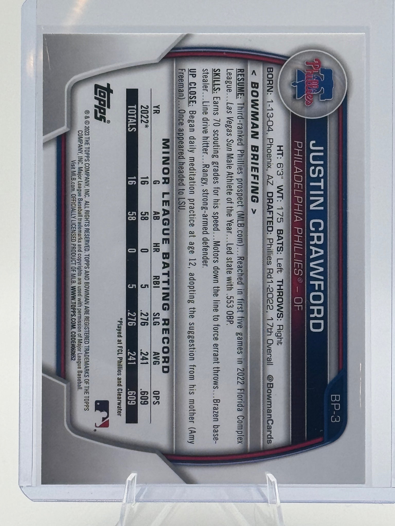 2023 Bowman Justin Crawford #BP-3 Prospects Philadelphia Phillies NM