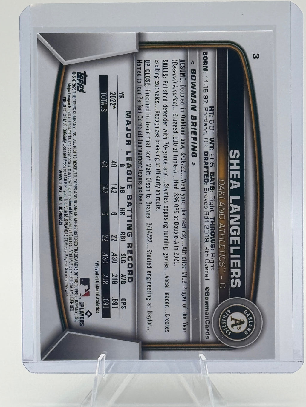 2023 Bowman Shea Langeliers #3 Oakland Athletics Near Mint or Better