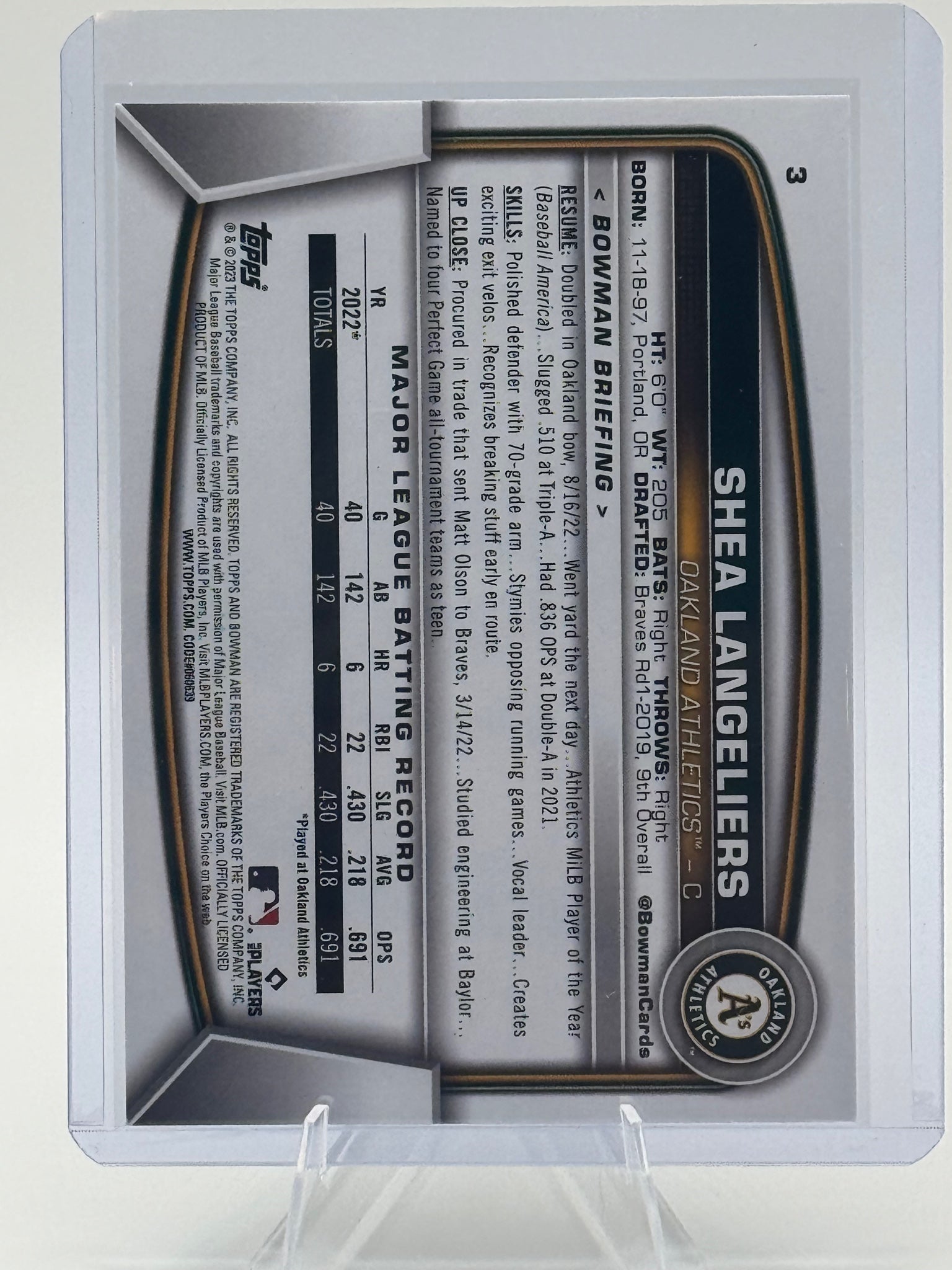 2023 Bowman Shea Langeliers #3 Oakland Athletics Near Mint or Better