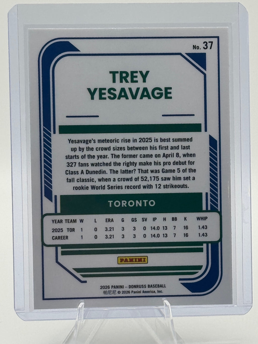 2026 Donruss Trey Yesavage #37 Optic Holo Toronto Blue Jays Near Mint or Better