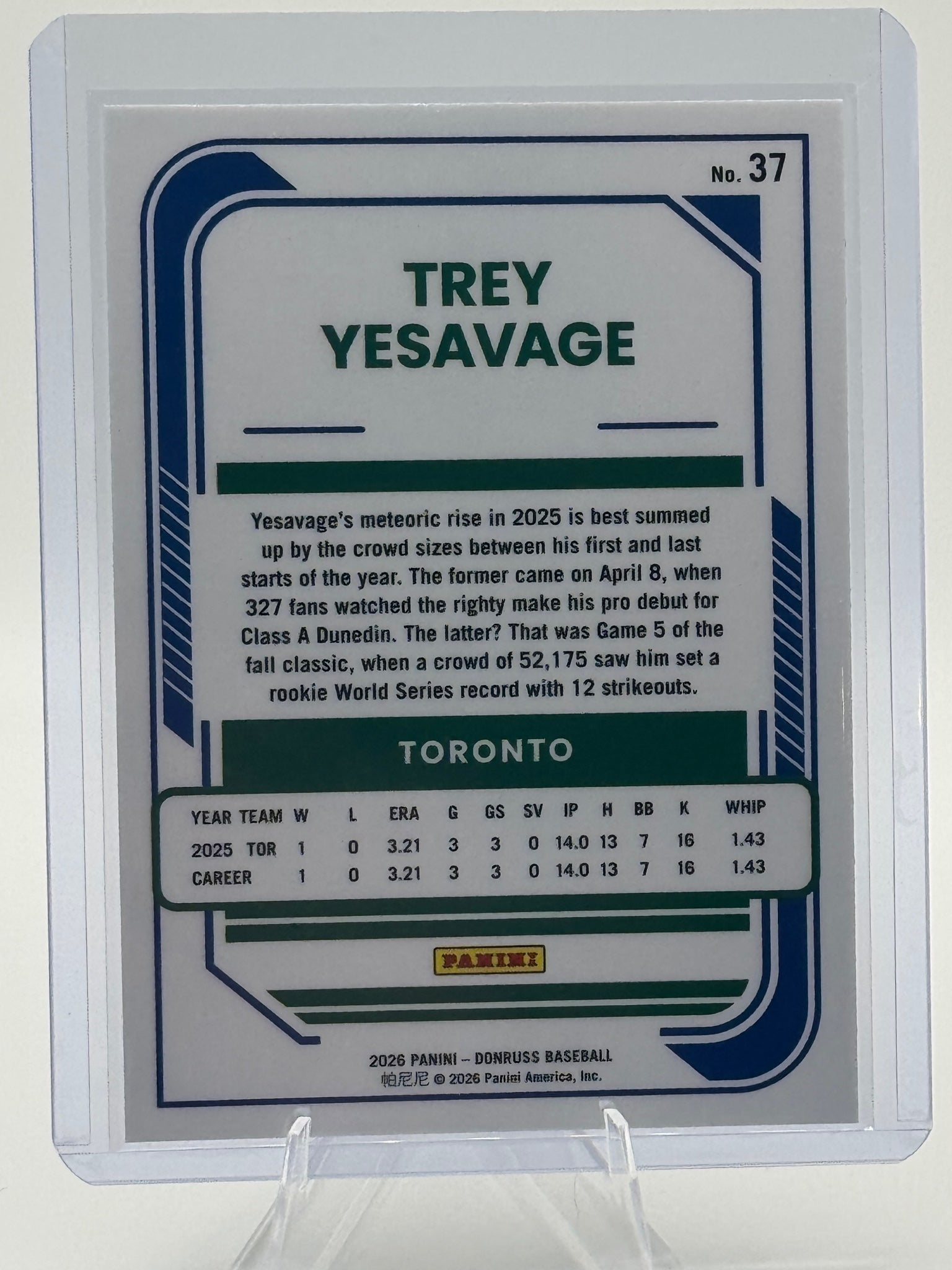 2026 Donruss Trey Yesavage #37 Optic Holo Toronto Blue Jays Near Mint or Better