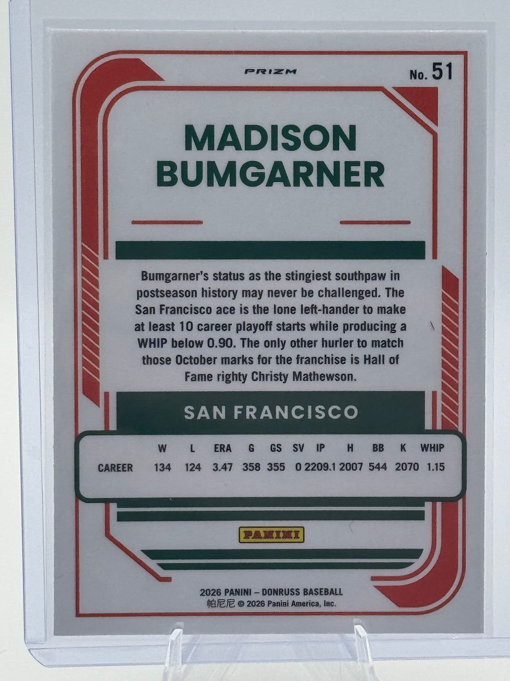 2026 Donruss Madison Bumgarner #51 Optic Holo San Francisco Giants NM