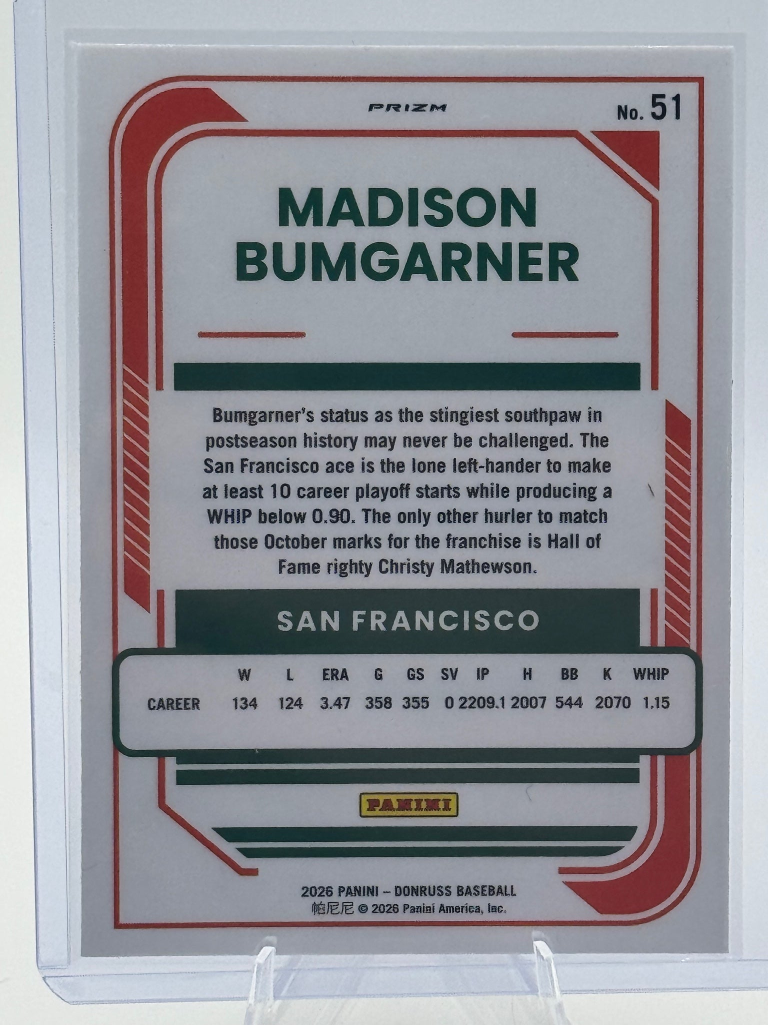 2026 Donruss Madison Bumgarner #51 Optic Holo San Francisco Giants NM