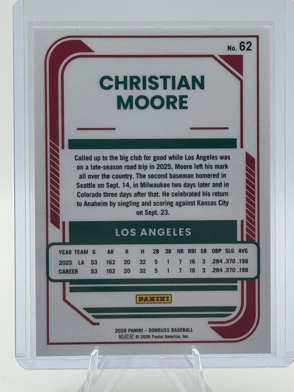 2026 Donruss Christian Moore #62 Optic Los Angeles Angels Near Mint or Better