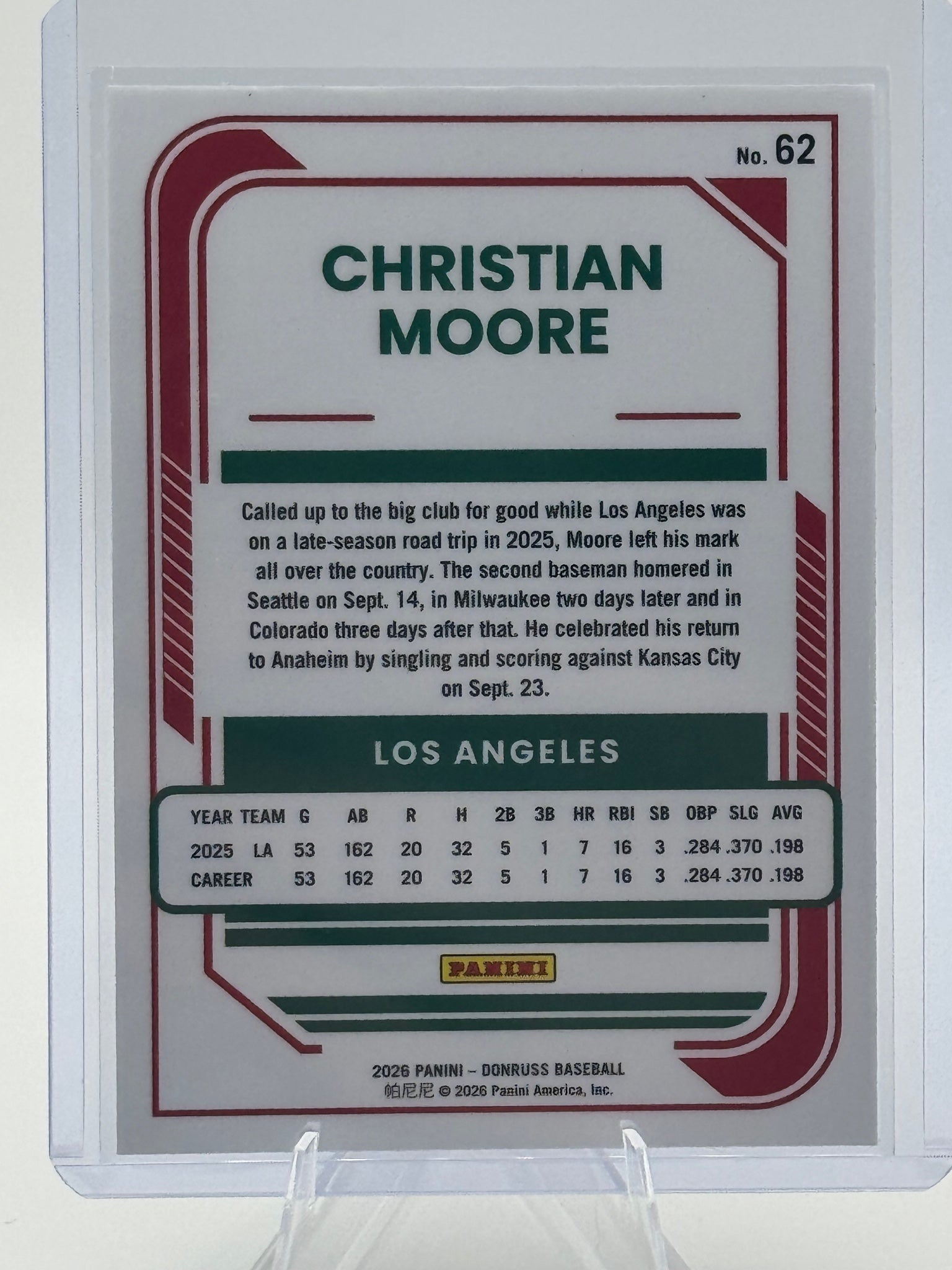 2026 Donruss Christian Moore #62 Optic Los Angeles Angels Near Mint or Better