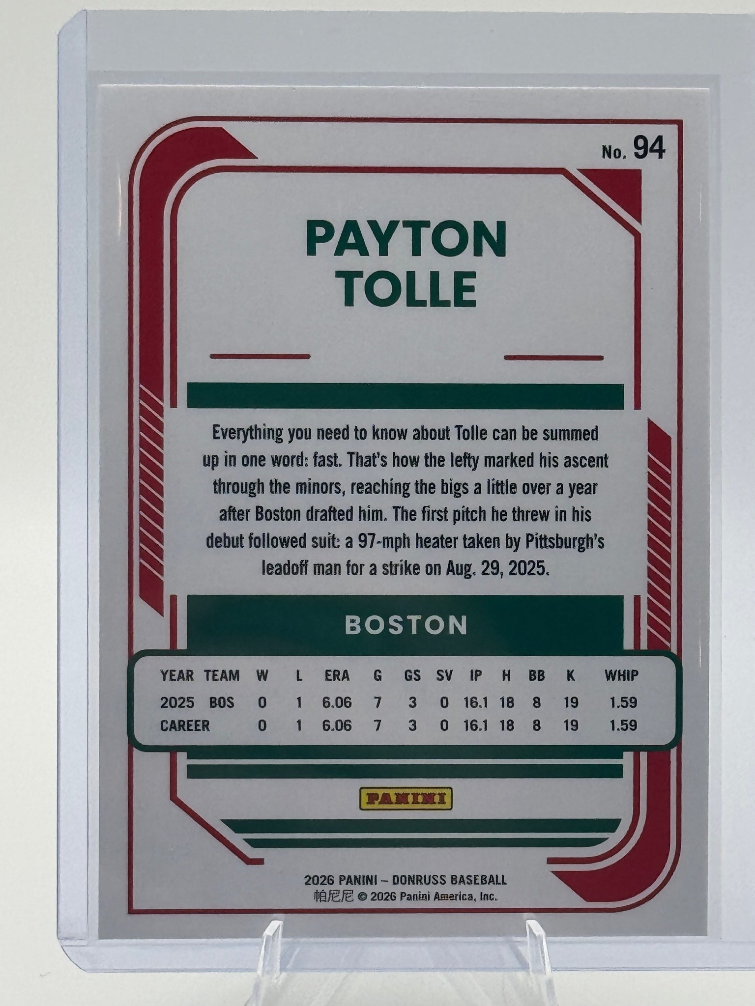 2026 Donruss Payton Tolle #94 Rockets Boston Red Sox Near Mint or Better