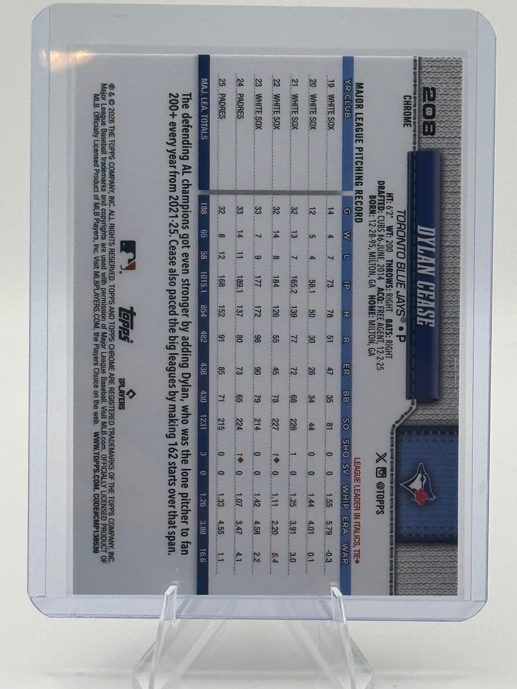 2026 Topps Chrome Dylan Cease #208 X-Fractors Toronto Blue Jays Near Mint