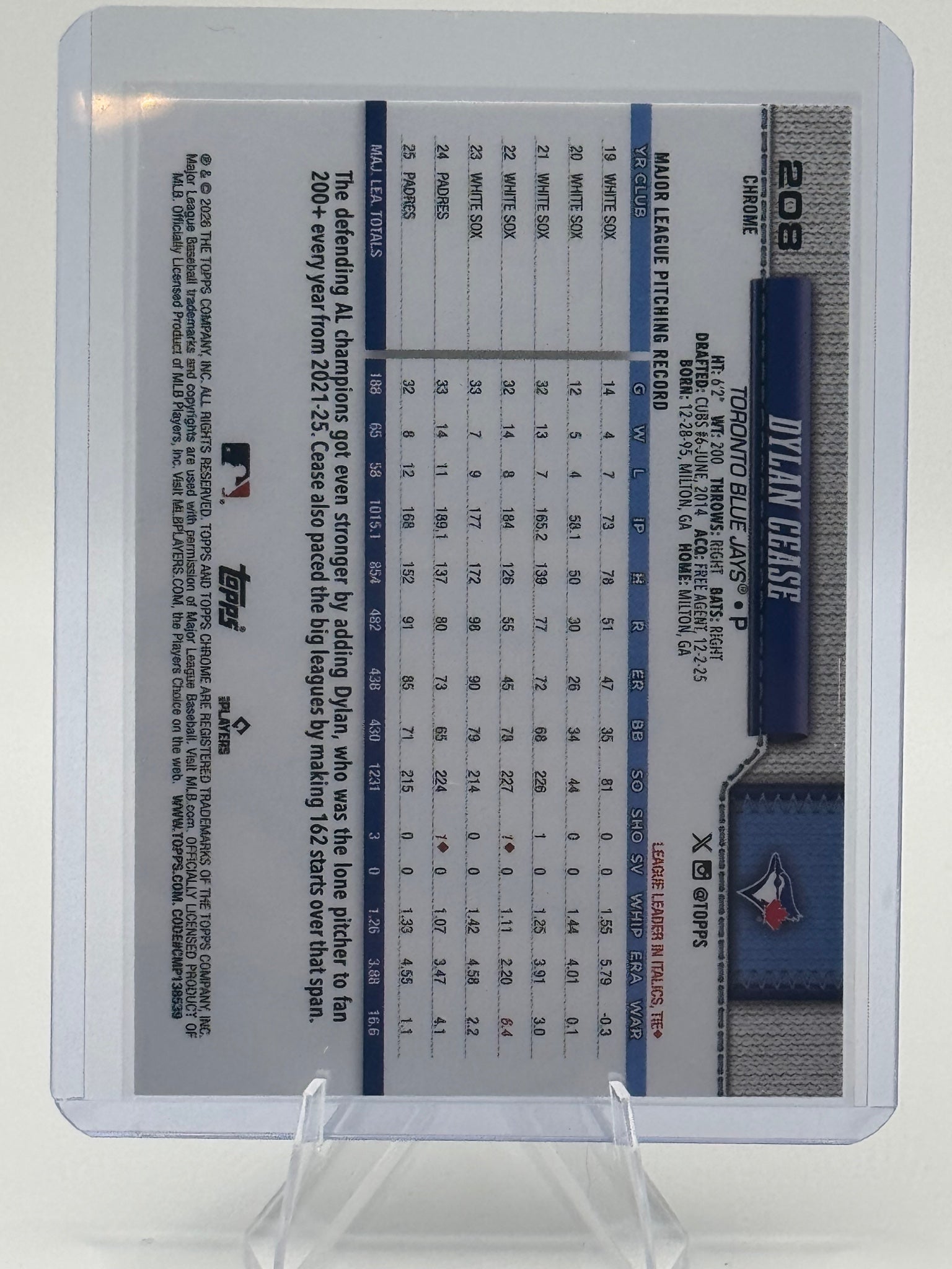 2026 Topps Chrome Dylan Cease #208 X-Fractors Toronto Blue Jays Near Mint