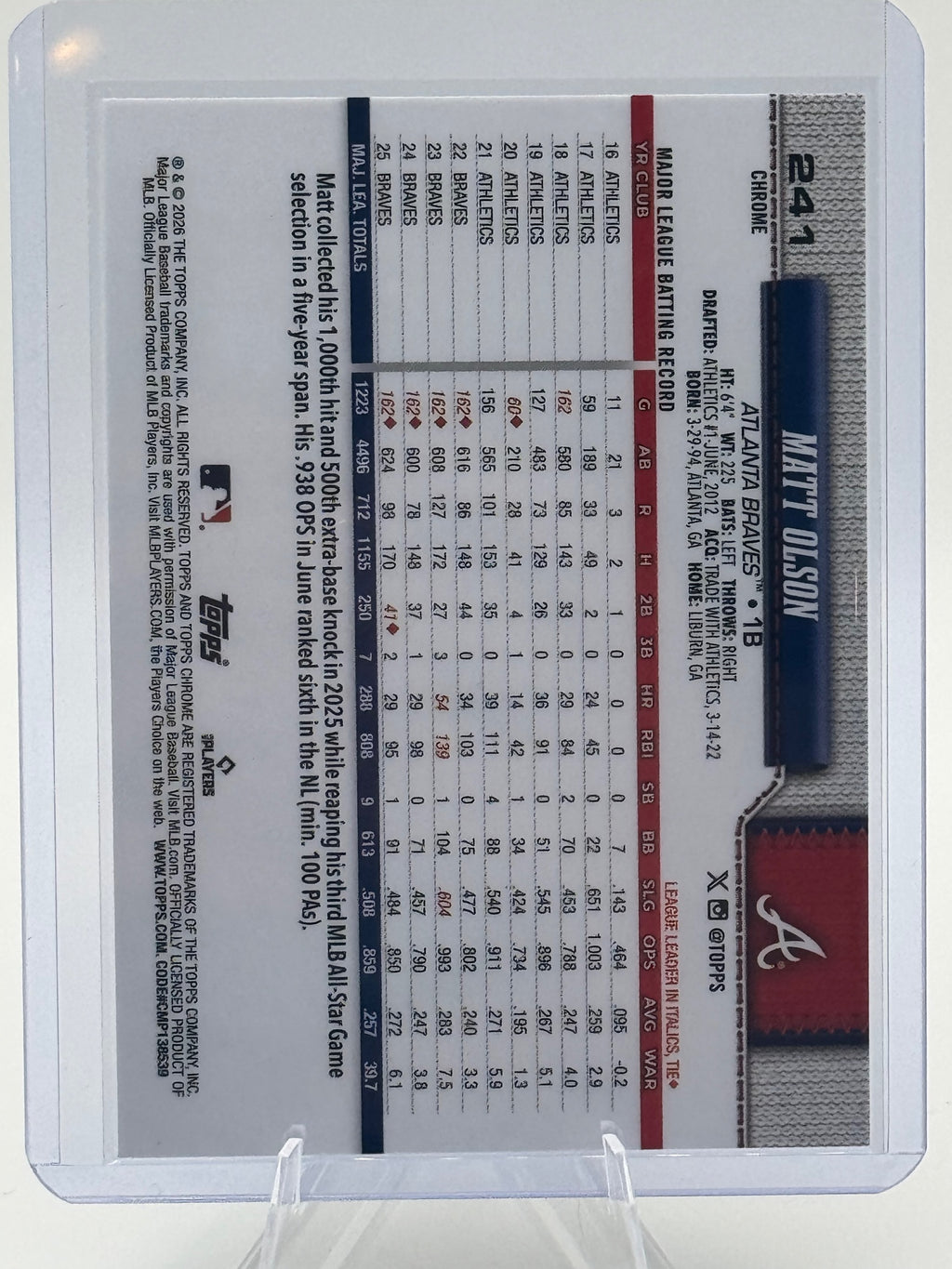 2026 Topps Chrome Matt Olson #241 X-Fractors Atlanta Braves Near Mint or Better