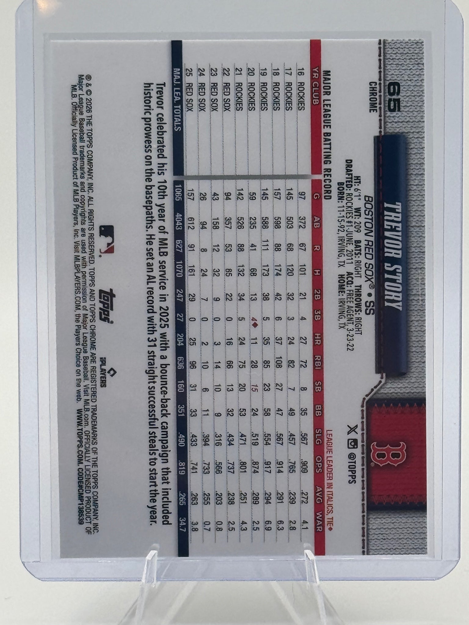 2026 Topps Chrome Trevor Story #65 Boston Red Sox NM