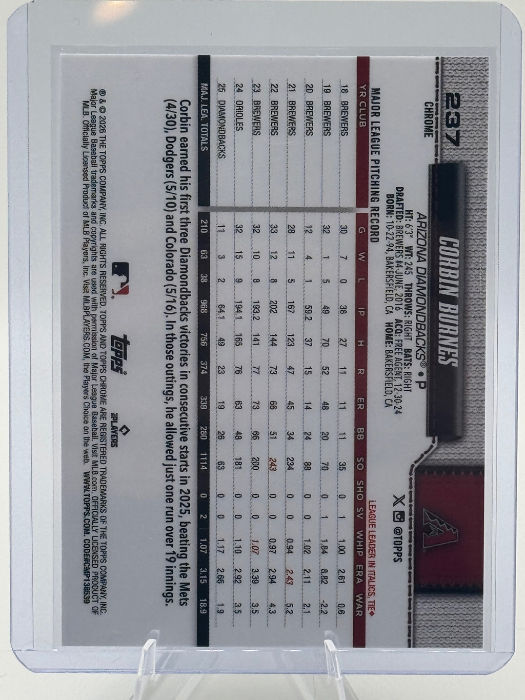 2026 Topps Chrome Corbin Burnes #237 Arizona Diamondbacks Near Mint or Better