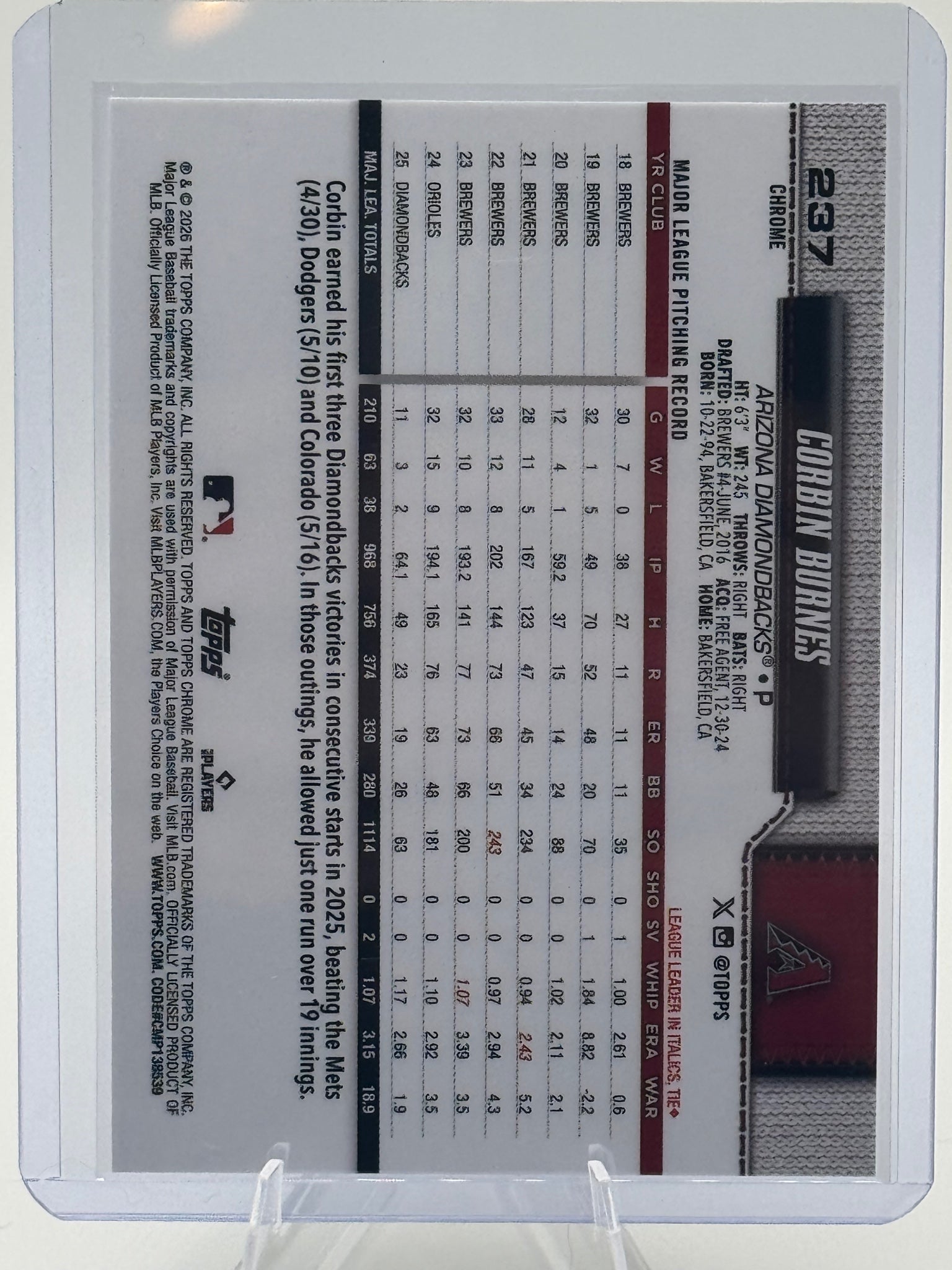 2026 Topps Chrome Corbin Burnes #237 Arizona Diamondbacks Near Mint or Better