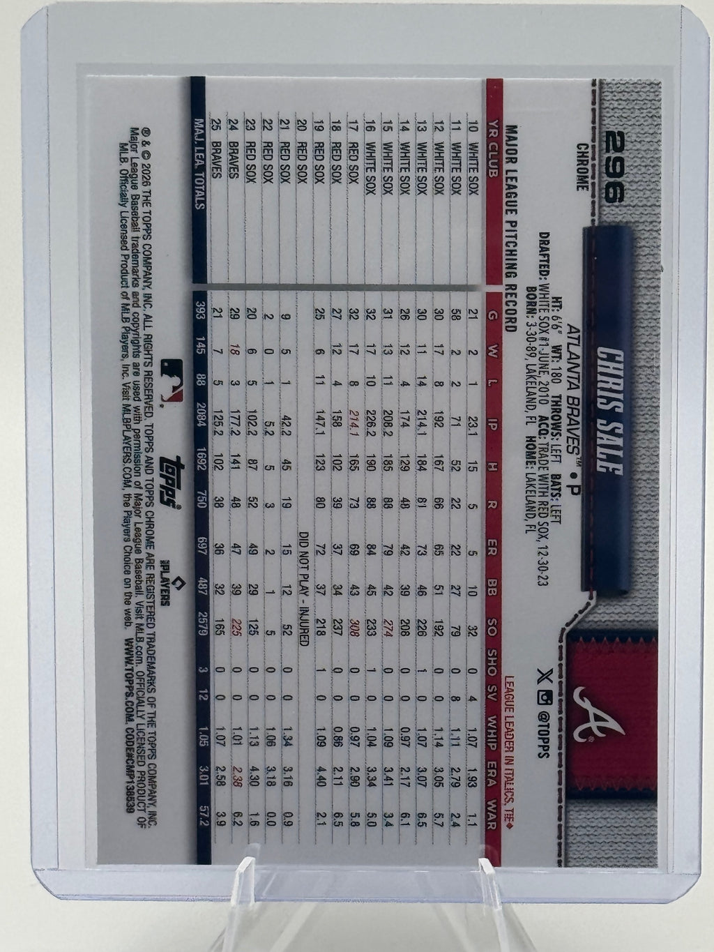 2026 Topps Chrome Chris Sale #296 Atlanta Braves Near Mint or Better