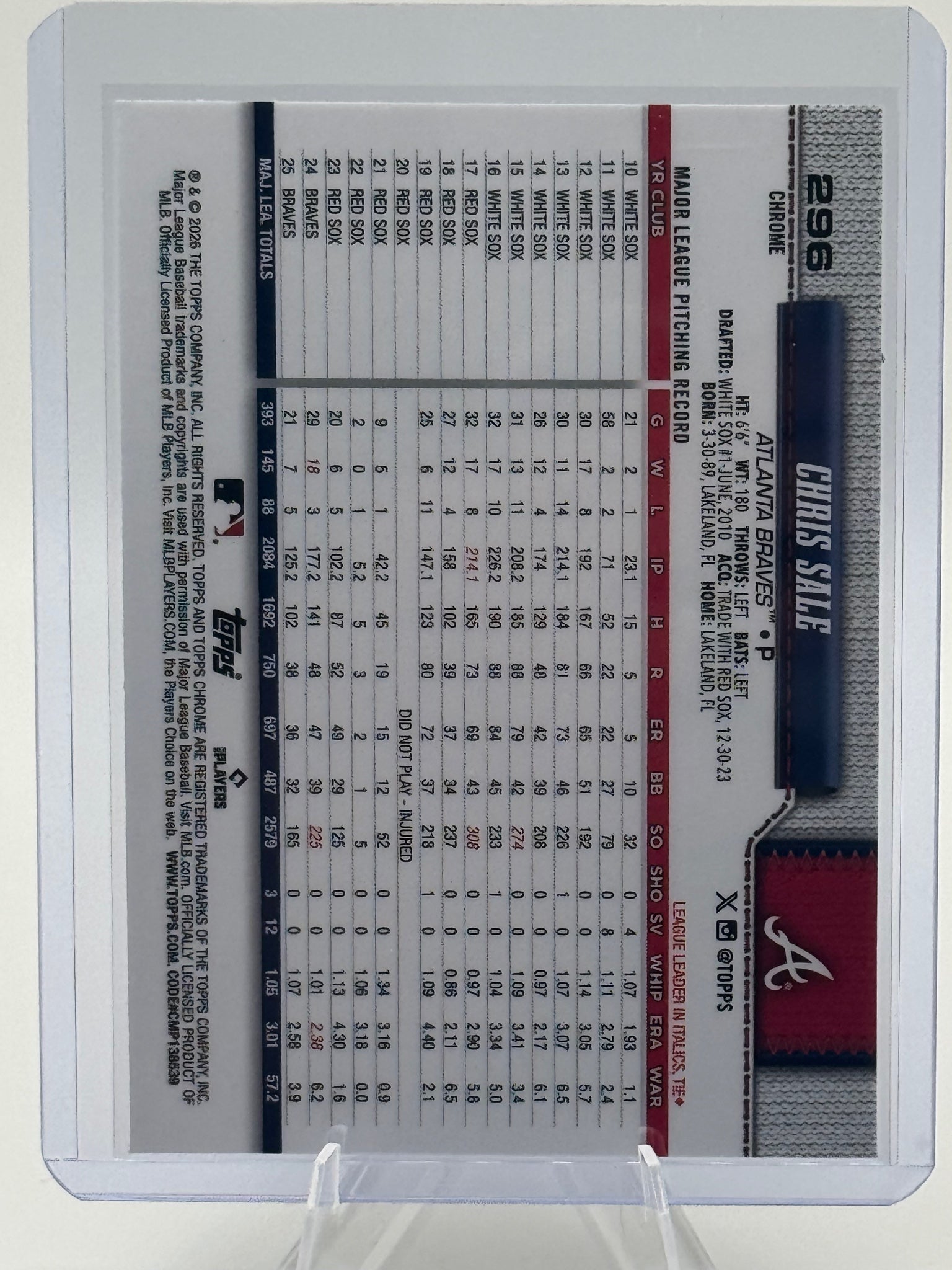 2026 Topps Chrome Chris Sale #296 Atlanta Braves Near Mint or Better