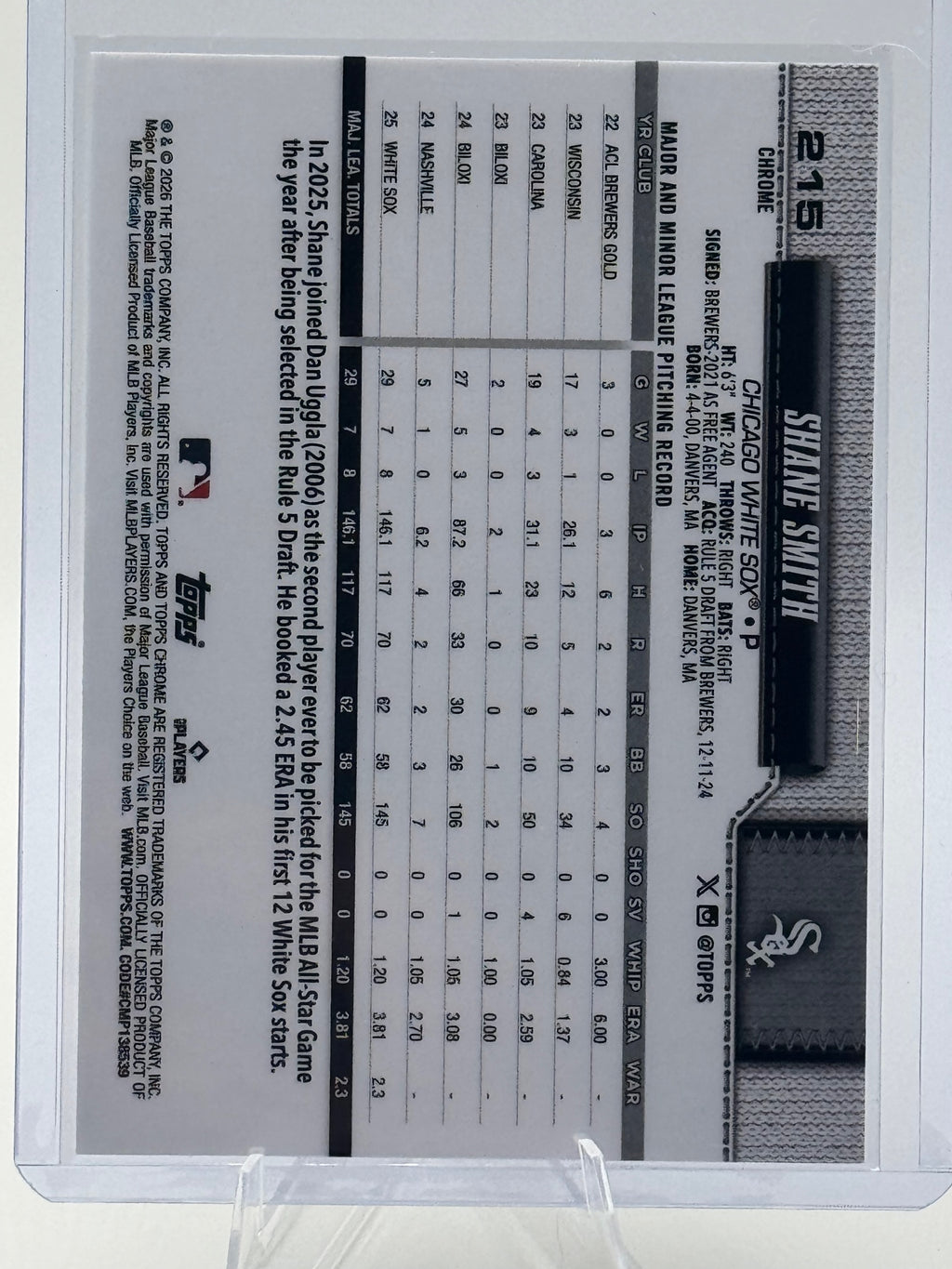 2026 Topps Chrome Shane Smith #215 Chicago White Sox Near Mint or Better