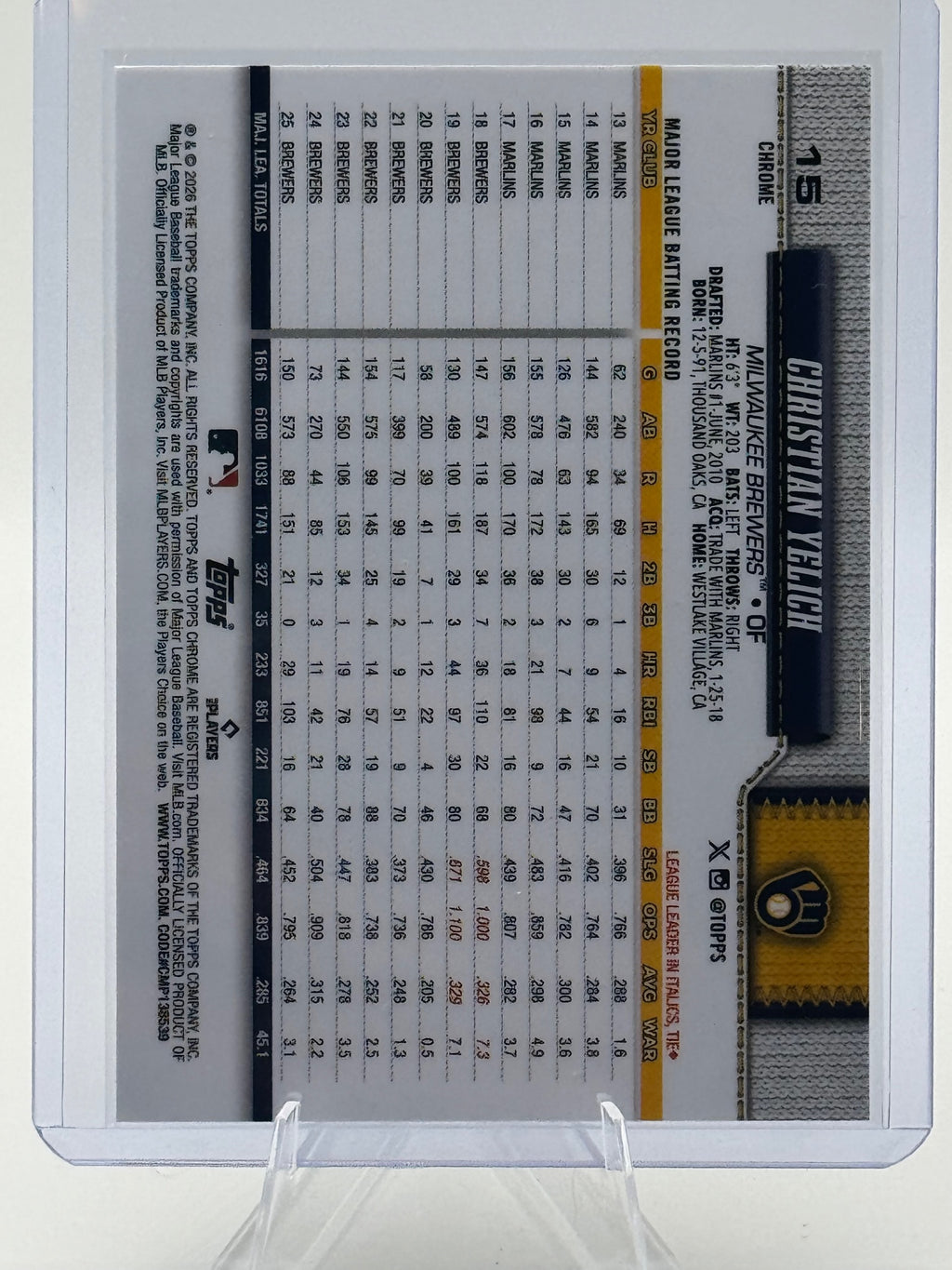 2026 Topps Chrome Christian Yelich #15 X-Fractors Milwaukee Brewers Near Mint