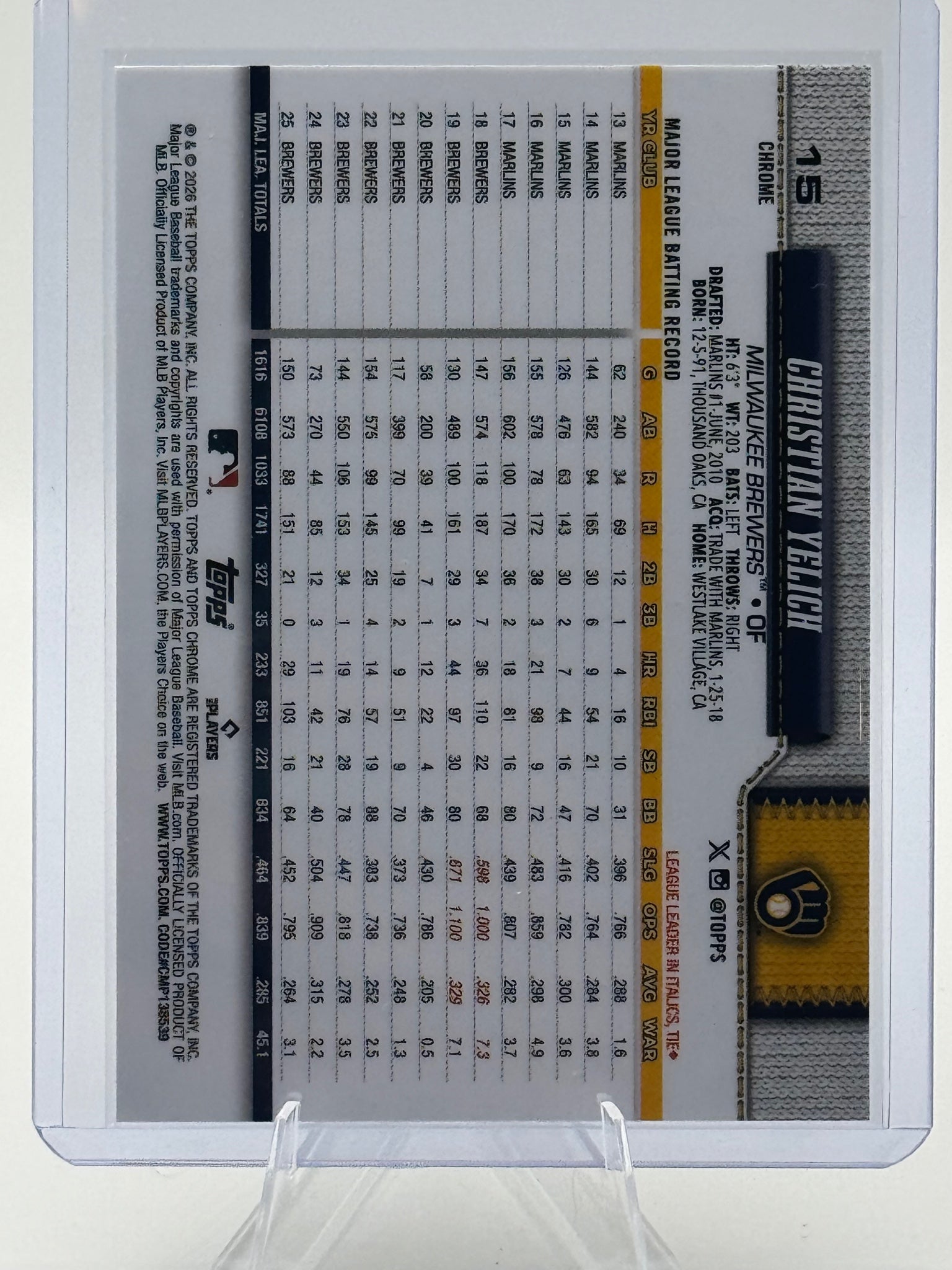 2026 Topps Chrome Christian Yelich #15 X-Fractors Milwaukee Brewers Near Mint