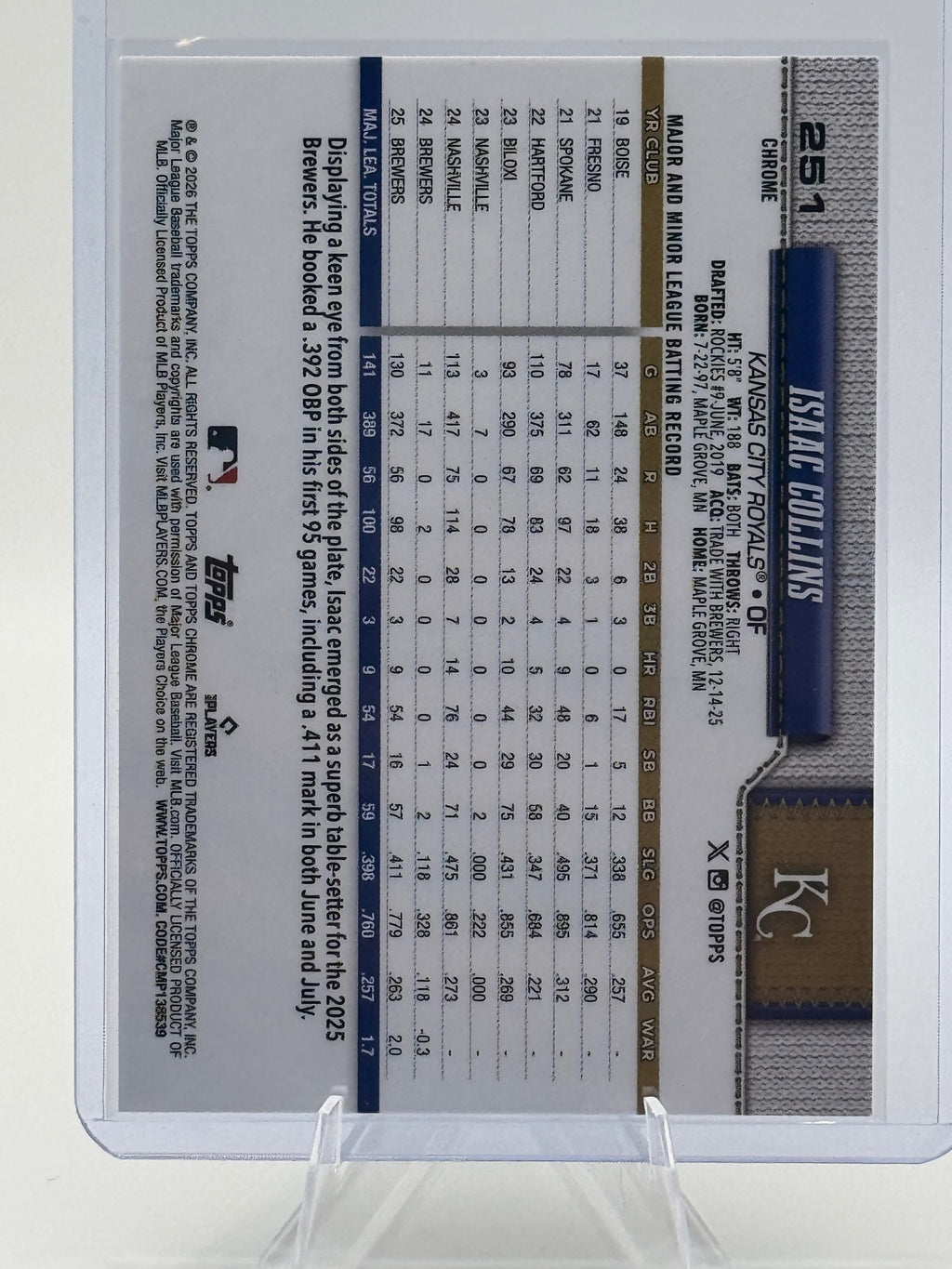 2026 Topps Chrome Isaac Collins #251 Kansas City Royals Near Mint or Better