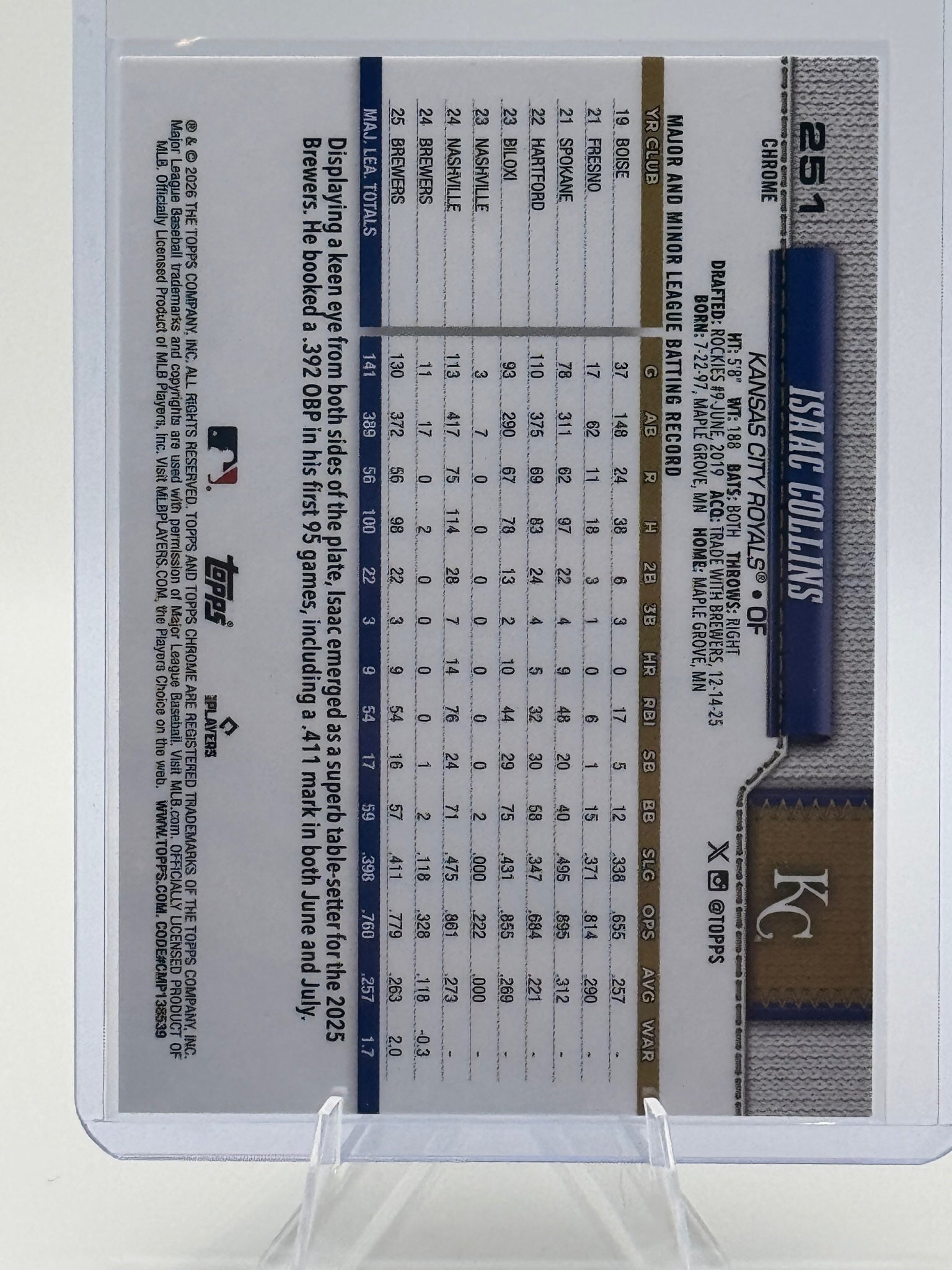 2026 Topps Chrome Isaac Collins #251 Kansas City Royals Near Mint or Better