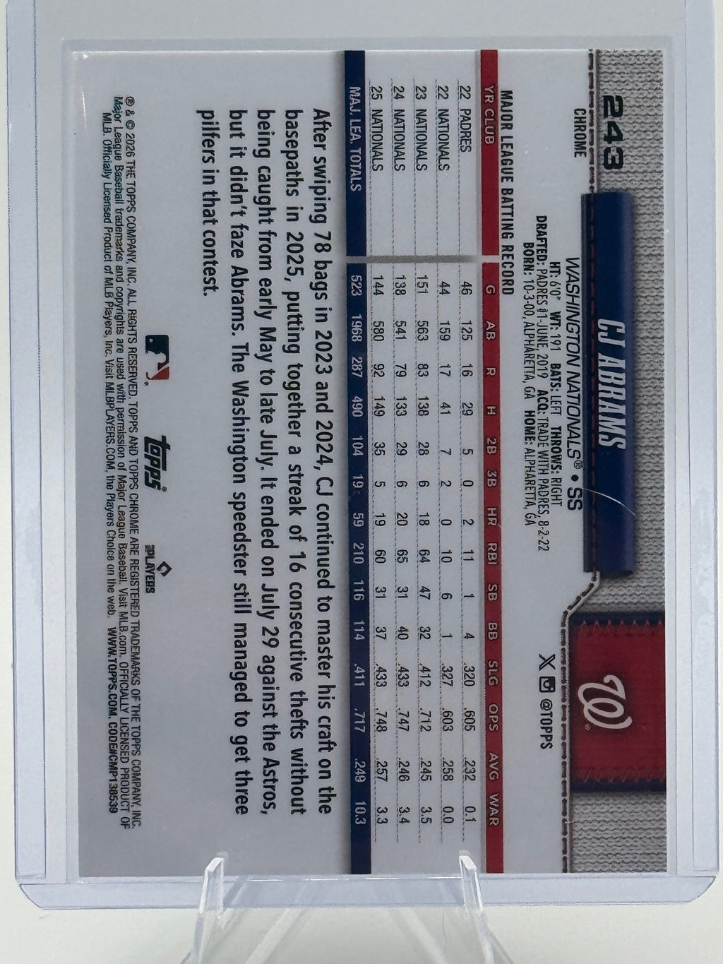 2026 Topps Chrome CJ Abrams #243 X-Fractors Washington Nationals Near Mint