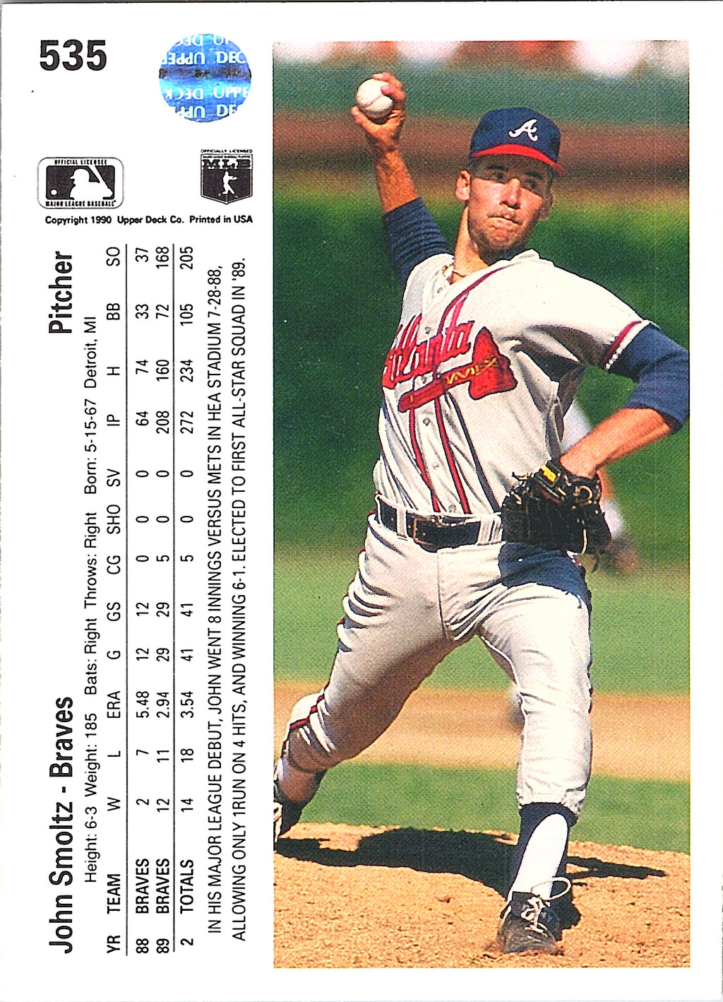1990 Upper Deck John Smoltz #535 Atlanta Braves Excellent