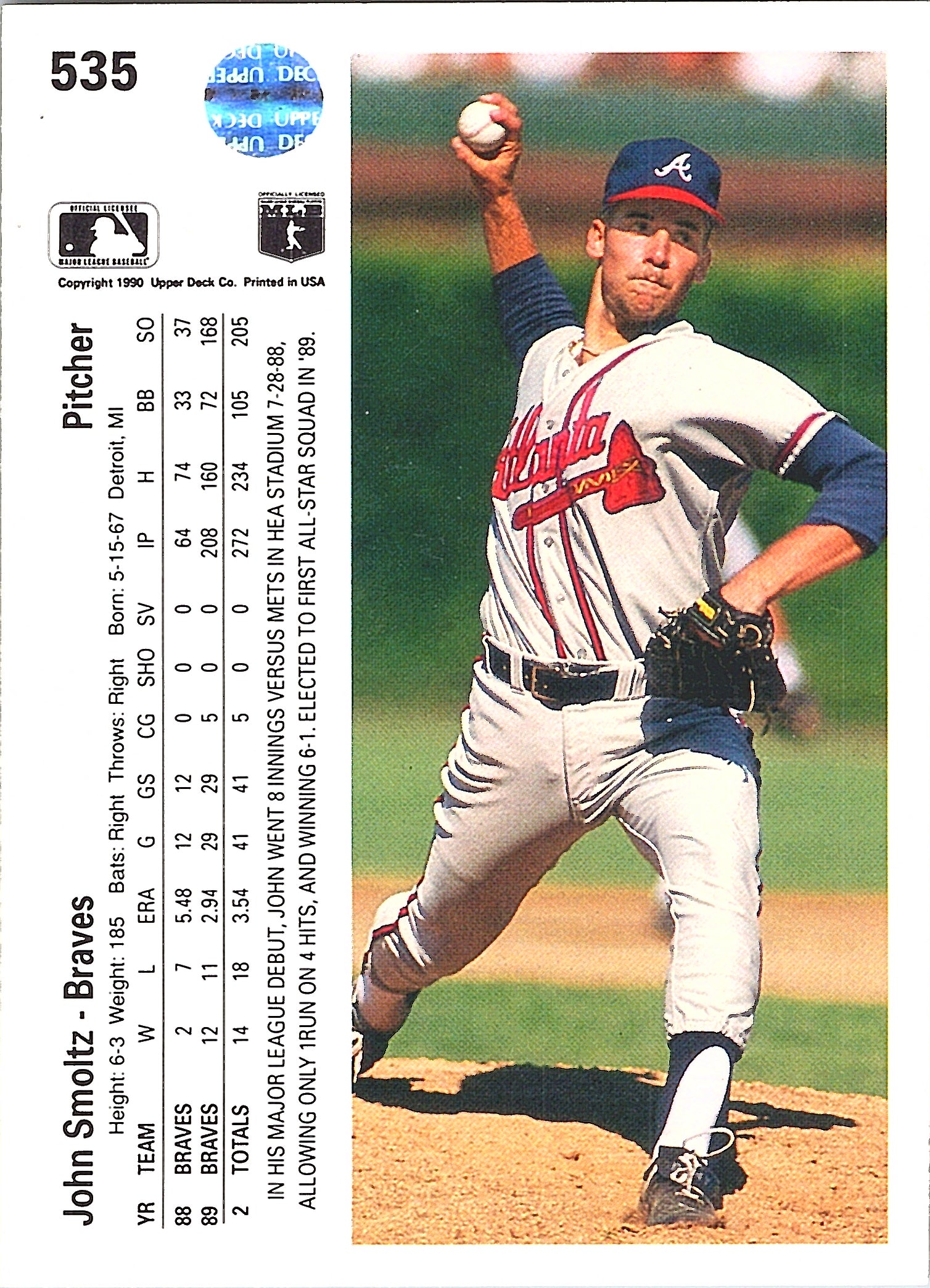 1990 Upper Deck John Smoltz #535 Atlanta Braves Excellent