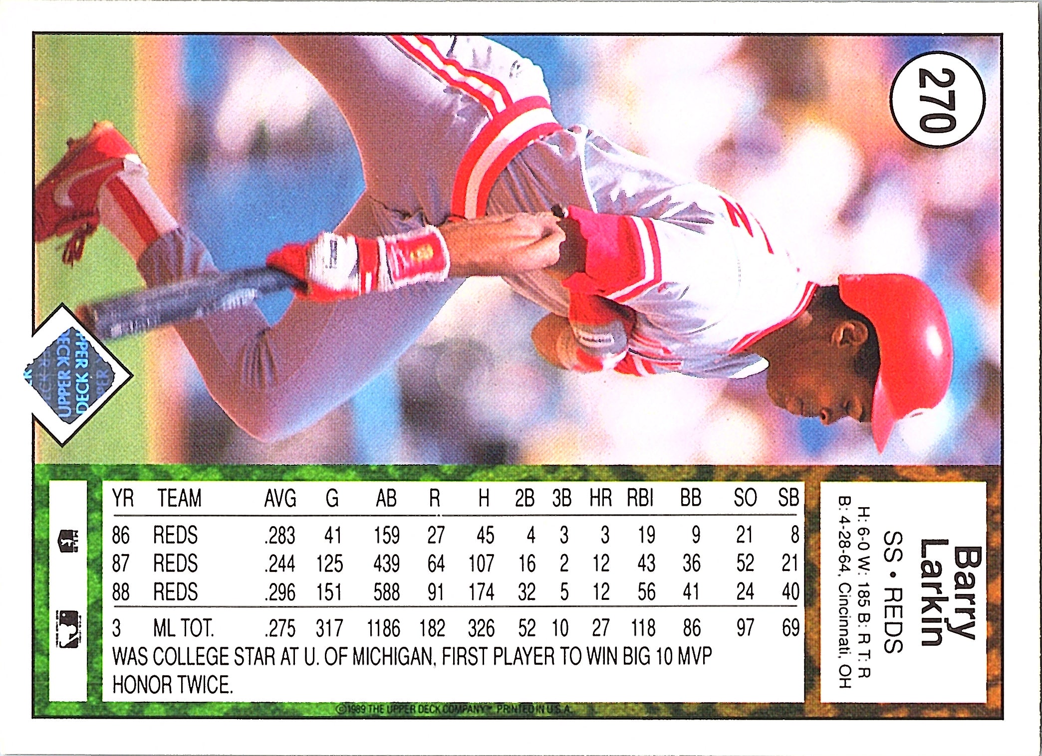 1989 Upper Deck Barry Larkin #270 Cincinnati Reds Excellent