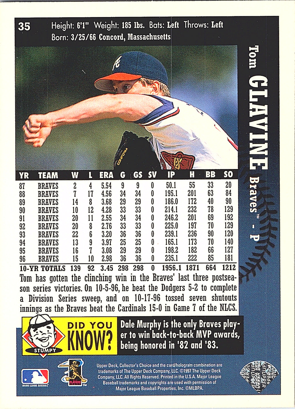1997 Collector's Choice Tom Glavine #35 Atlanta Braves Excellent