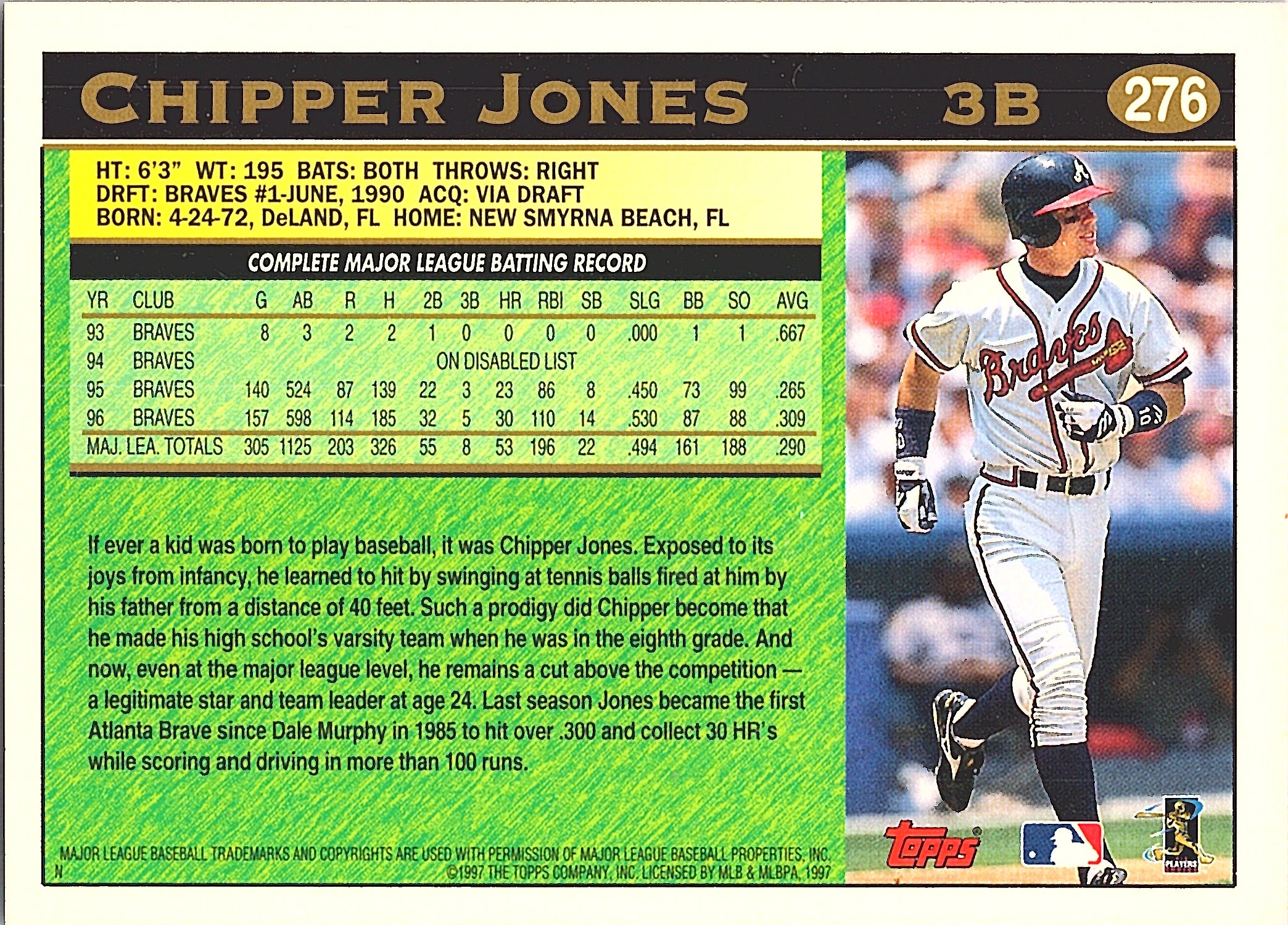 1997 Topps Chipper Jones #276b Atlanta Braves Excellent