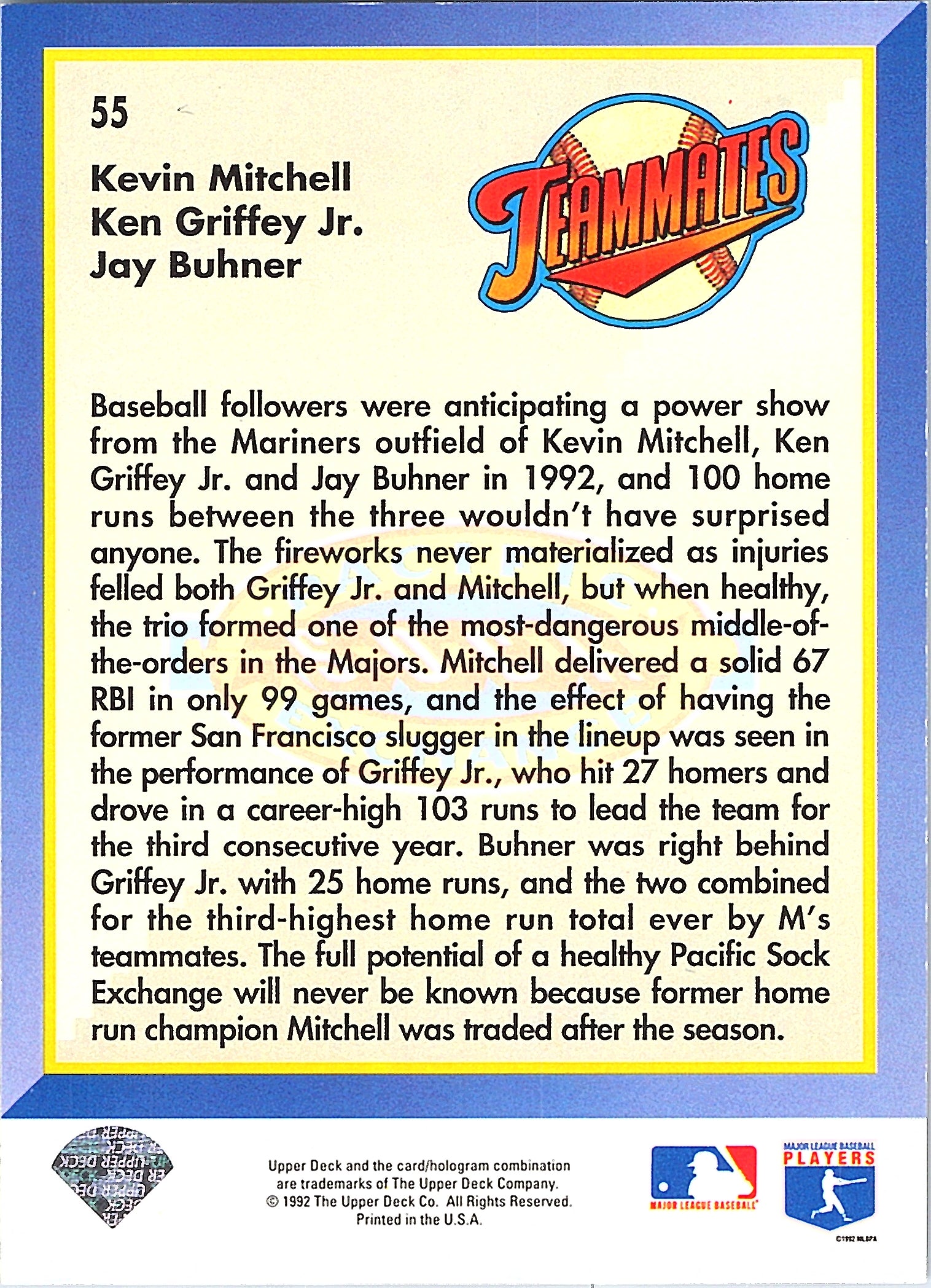 1993 Upper Deck Ken Griffey Jr. Jay Buhner Kevin Mitchell #55 Seattle Mariners